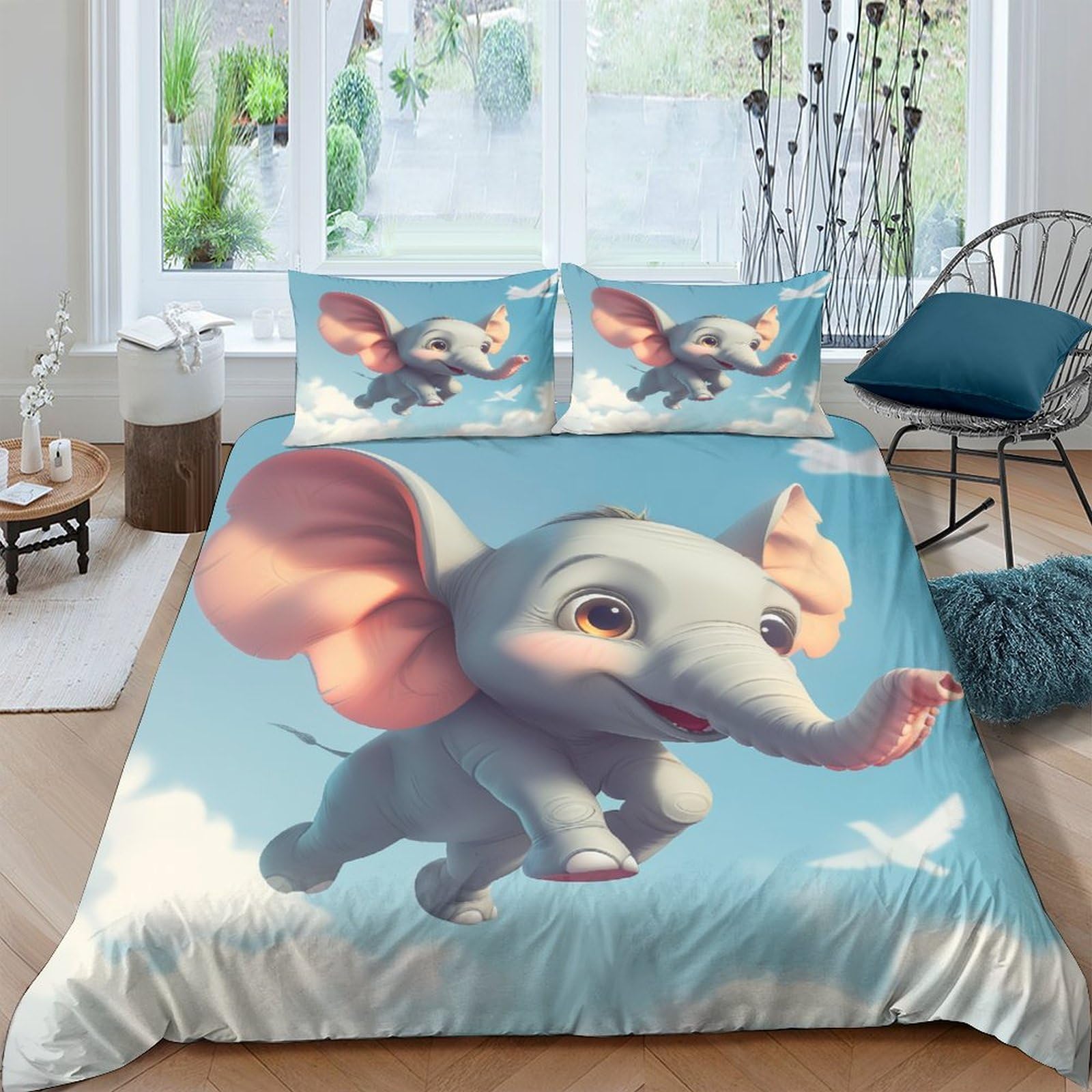 Housse de couette éléphant 3D pour lit enfant double parure microfibre douce zippée