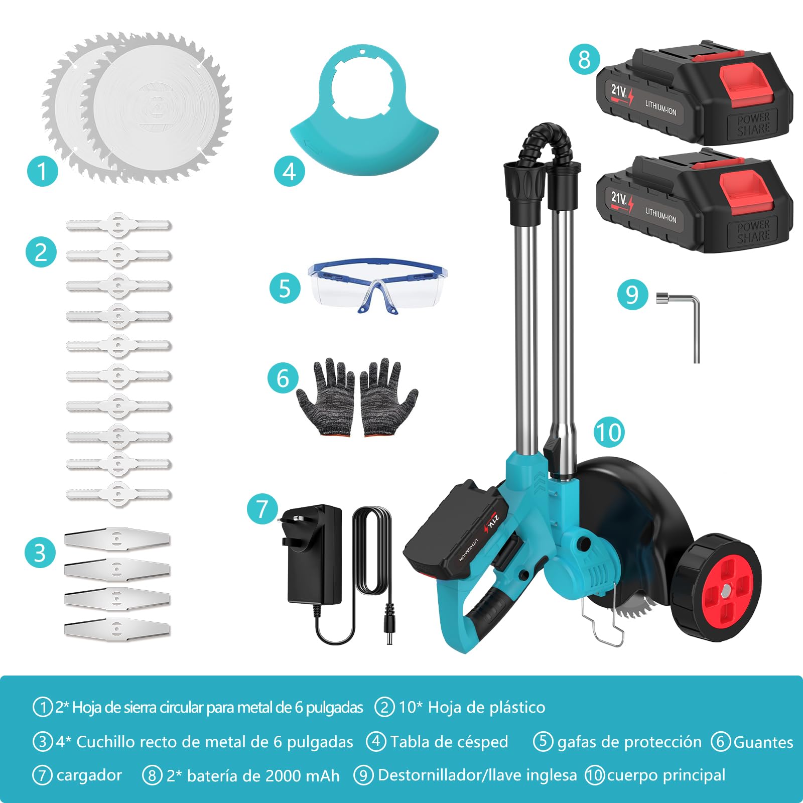 Desbrozadora Batería 21V, Desbrozadora Eléctrica, Equipado con 2 Baterías de 2.0Ah, 4 Cuchillas de Alta Eficiencia y Mango Ajustable, para Uso en Hogar, Patio y Jardín
