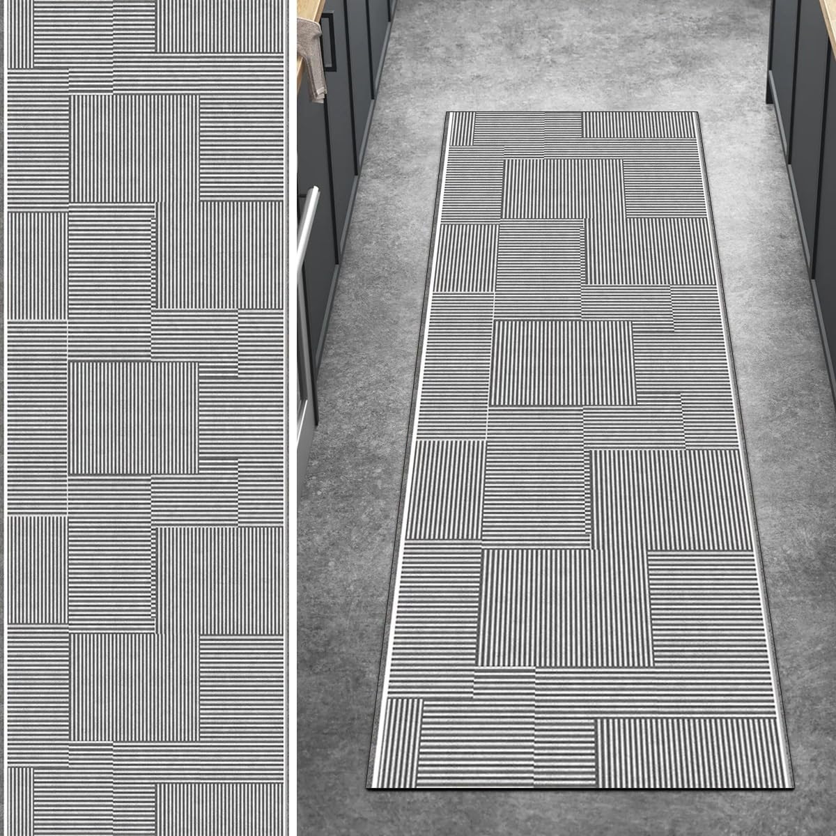 Tapis de couloir à rayures gris 120x300 cm lavable antidérapant de sol