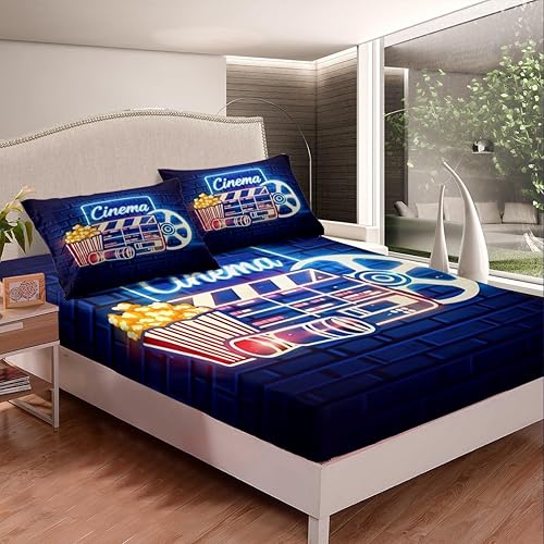 Miniatura 3 de Erosebridal Juego de sábanas bajeras de noche de cine tamaño Queen para niños y niñas, decoración de cine en casa, juego de ropa de cama con