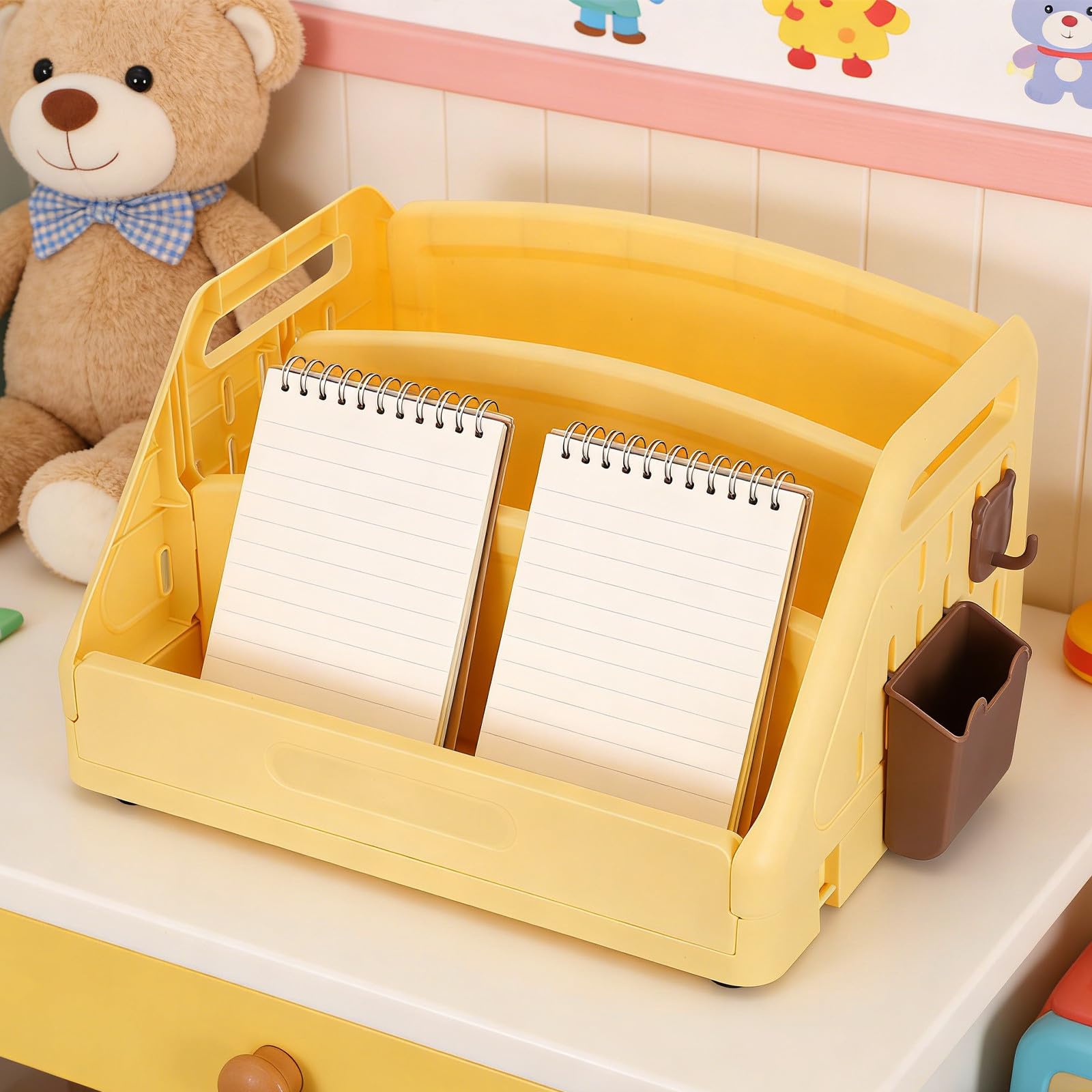 Lurrose Libreria per Gialla a 3 Livelli in Pp con Organizer da Scrivania e Porta Penne Laterale, Design Compatto e Stabile per Cameretta e Scrivania