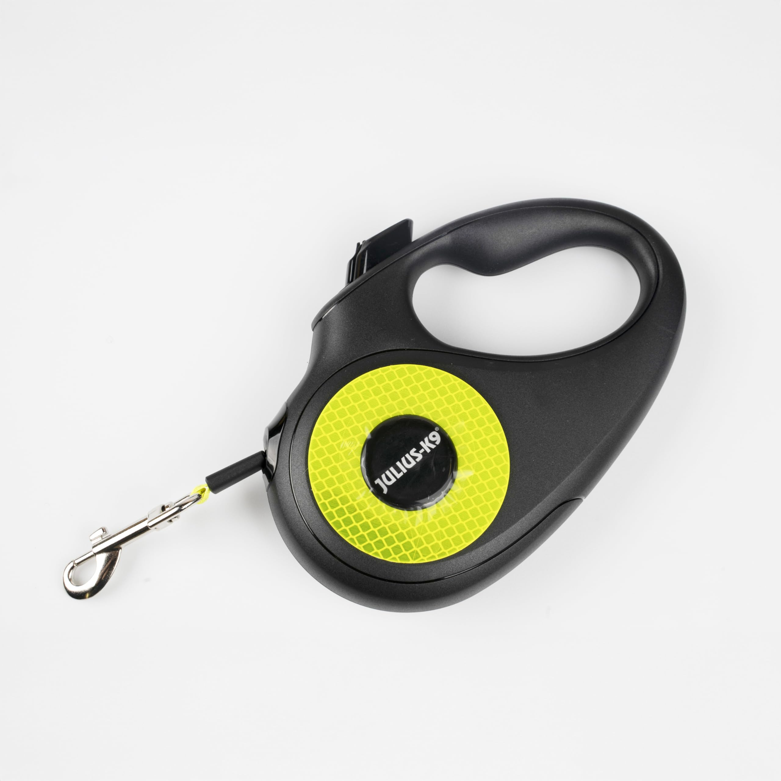 Julius-K9 Retractable Dog Lead, M - 5 m Tape, Black/Neon – anti-slip handle, ribbon leash, extandable, one handed brake, pause, lock, reflective ribbon, tangle free, heavy duty