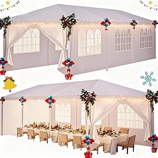 HOTEEL 10x30 Waterproof Party Tent with 8 Removable Sidewalls - Outdoor Canopy for Weddings, BBQs, Events, White Gazebo