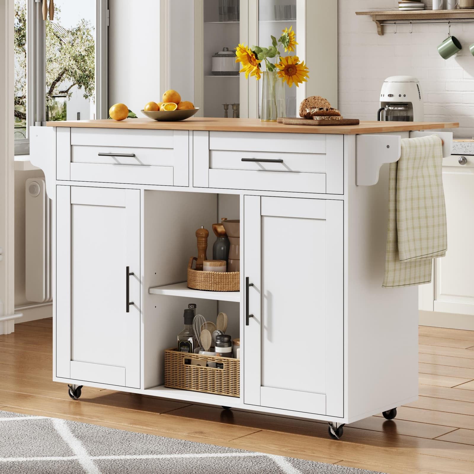 KOMHTOM ilot de Cuisine Moderne, Armoire de Cuisine, Chariot de Salle à Manger, Plateau de Table Pliable, 3 tiroirs, 2 Portes, étagère de Rangement et Porte-Serviettes (Blanc-10)