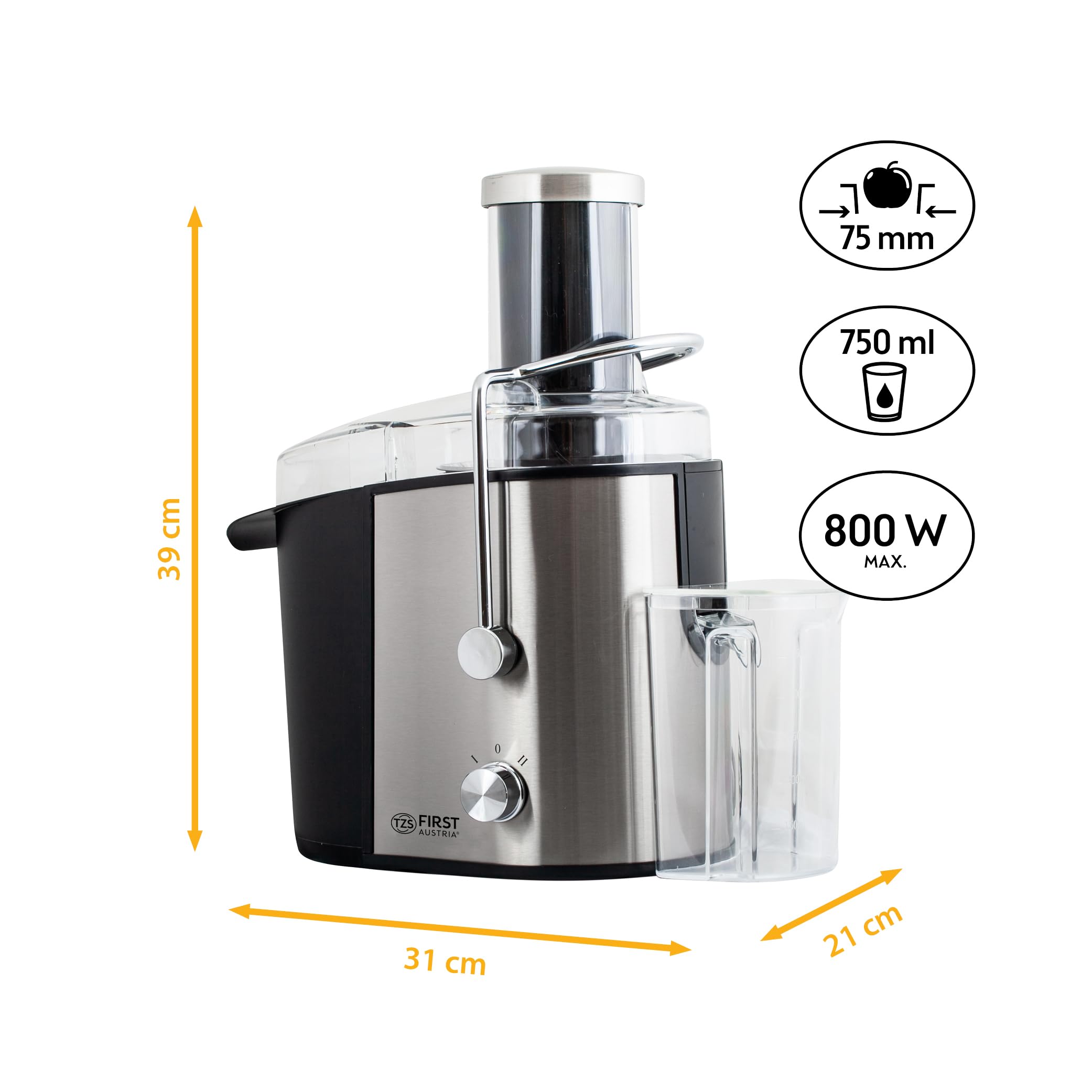 TZS First Austria Entsafter | 800W | 750ml | XXL-Einfüllschacht | 2 Geschwindigkeitsstufen | Einfache Reinigung | rostfreier Edelstahl Extraktionsfilter | Anti-Rutsch-Füße