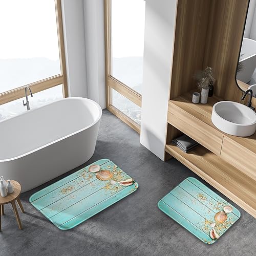 Miniatura 6 de Britimes Juego de 2 tapetes de baño con diseño de concha de playa, diseño de madera azul bohemio, cubierta lavable, tapetes para decoración de baño,