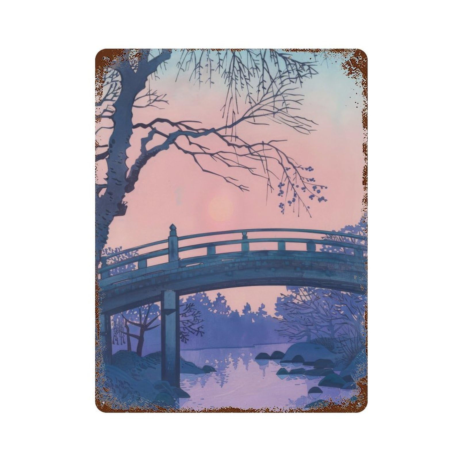 Sunset Painting Vintage Wall Sign 15.7"x11.8", Rust Effect Metal Decor for Cafe, Home Bar And Lounge Decor