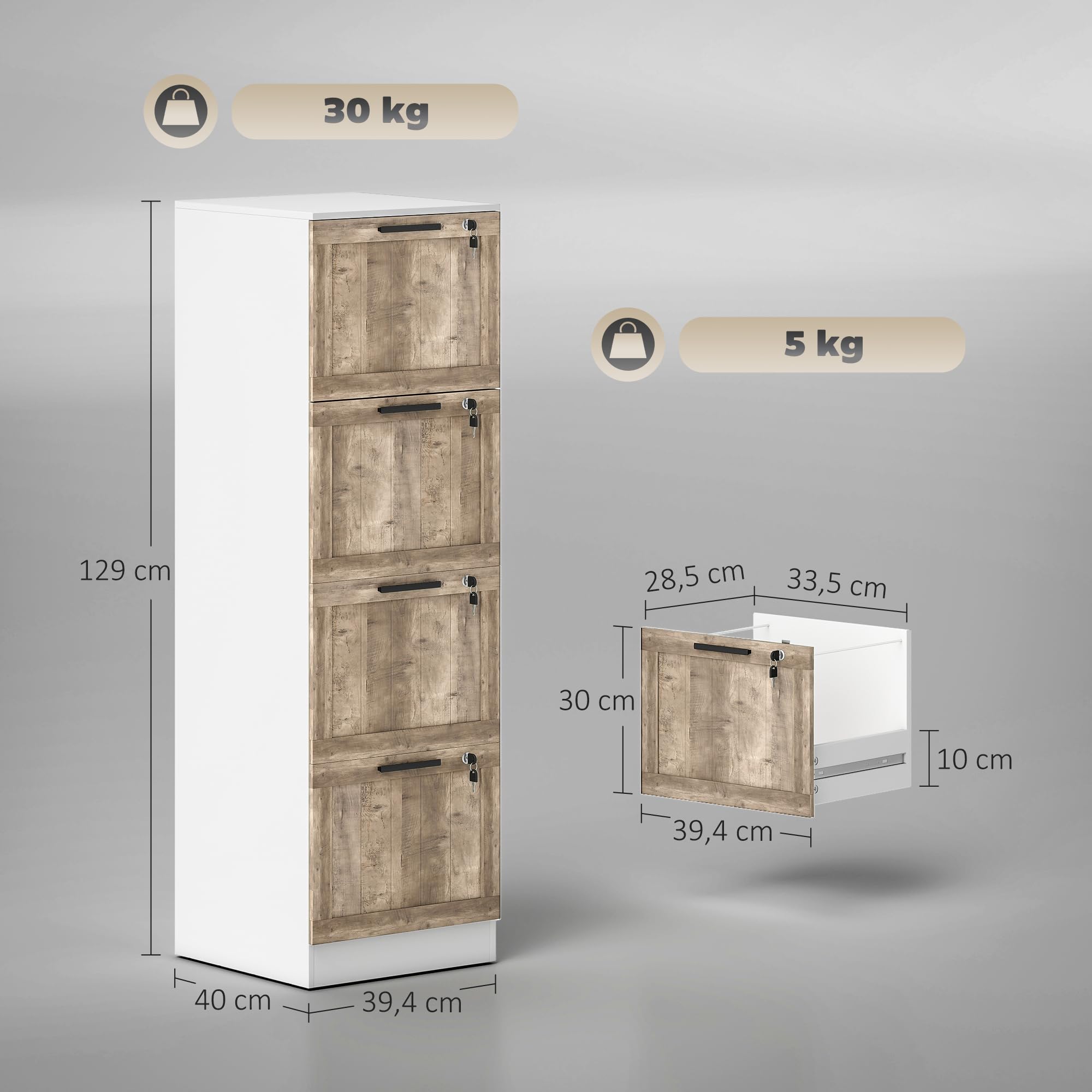 HOMCOM Armoire à tiroirs de Bureau avec 4 tiroirs Armoire à tiroirs de Bureau avec Serrure 2 clés Barres de Suspension pour A4 Lettre à dossiers Mobile pour 39,4x40x129 cm Blanc & Bois