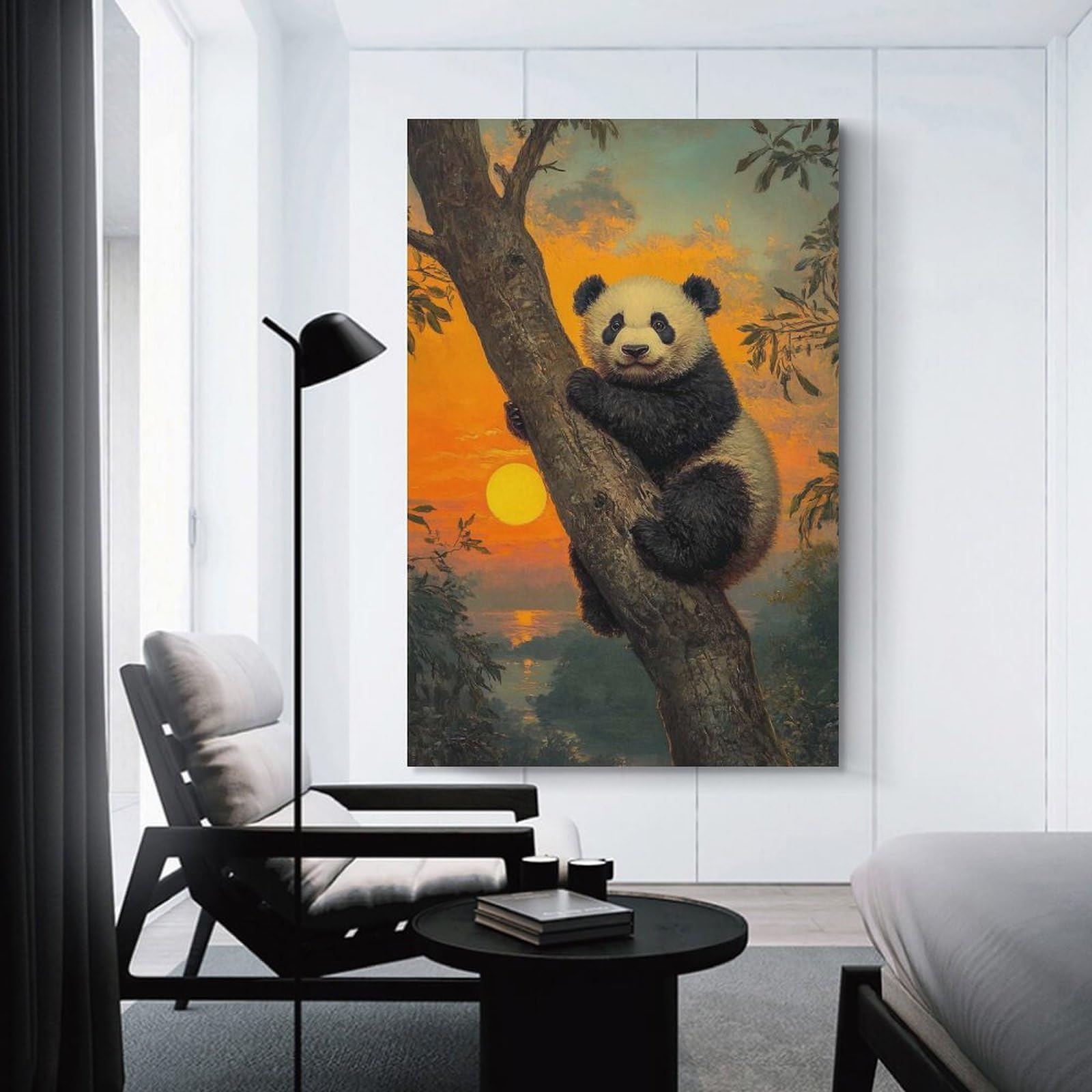 Junmoney Hanging Wall Art Panda Sunset, 24x36inch(60x90cm), for Small Homes, Bedrooms Or Open Spaces, Wall Decor with Flexible Room Appeal