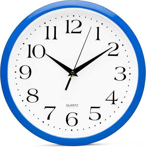 Bernhard Products - Reloj de pared analógico de cuarzo azul de 10 pulgadas, silencioso, fácil de leer, diseño simple, ligero, fácil de colgar, a pila