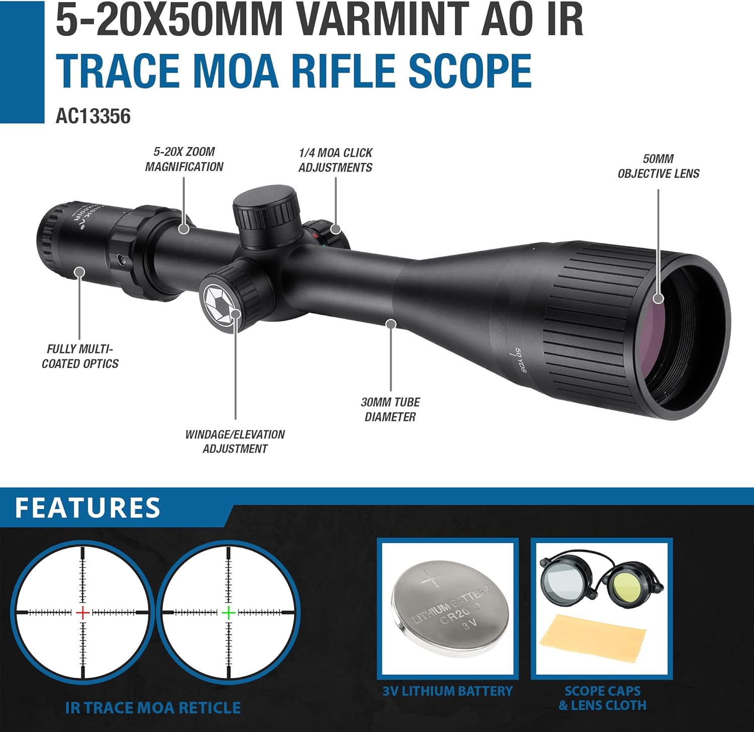 Barska Varmint Rifle Scope with Adjustable Objective for Hunting and Targeting