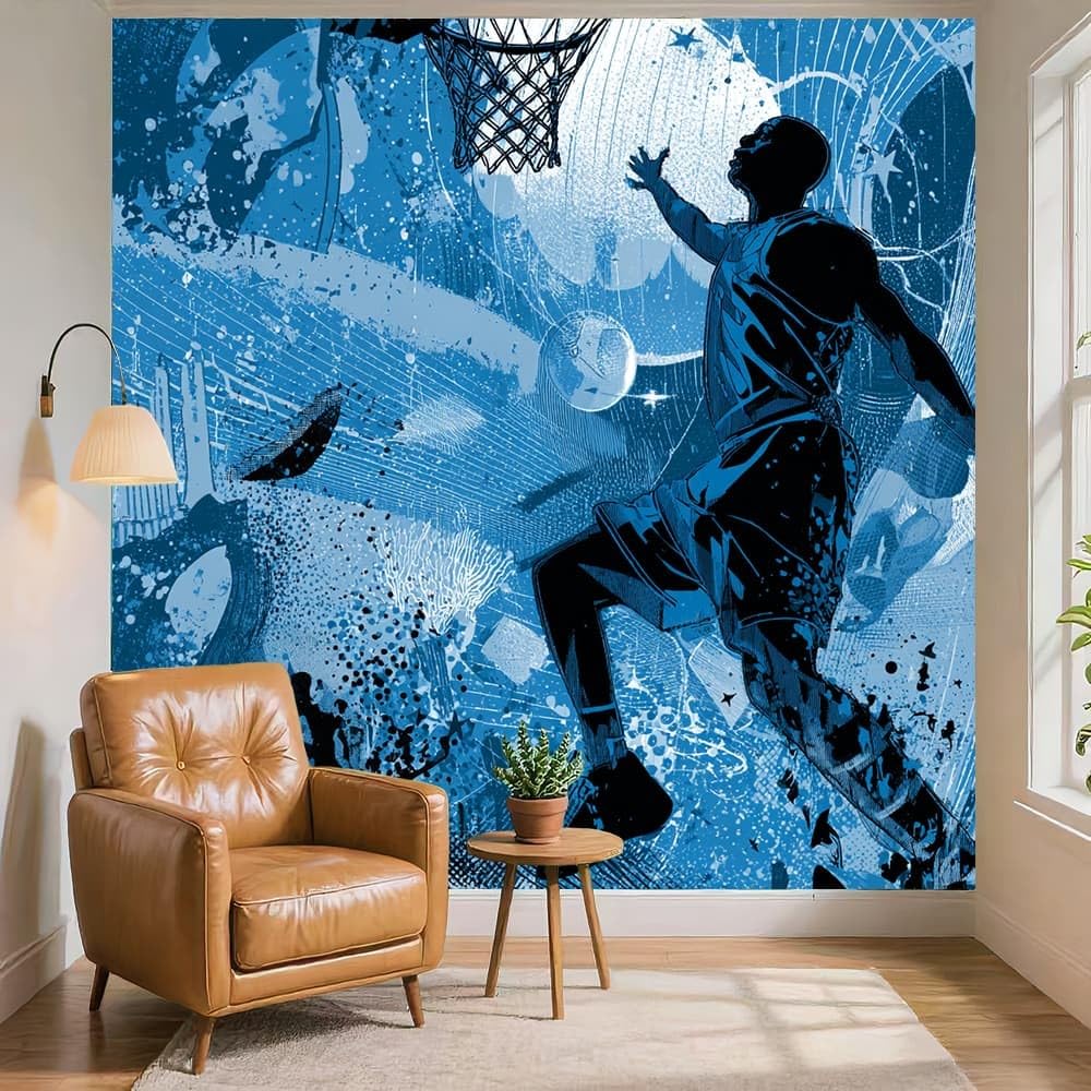 Générique Panoramiczna tapeta 3D 300 x 210 cm wzór sportowy koszykówka włóknina ścienna niebieski plakat ścienny do salonu dorosły pokój dziecięcy dekoracja gabinetu