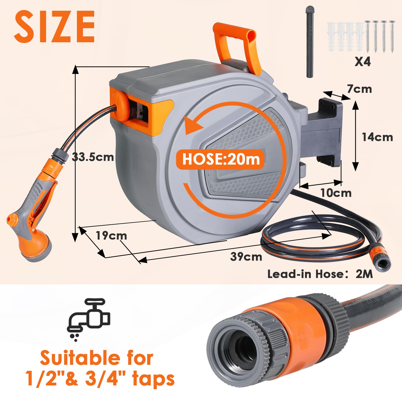 TLGREEN Zwijadło na Wąż do Podlewania Montowany do Ściany 20 m x Ø 12 mm, Wózek na Węże Wodne, Obracany 180°, Dysza z 9 Modelami, Automatyczne Zwijanie z Blokadą, Uchwyt Montowany do Ściany do