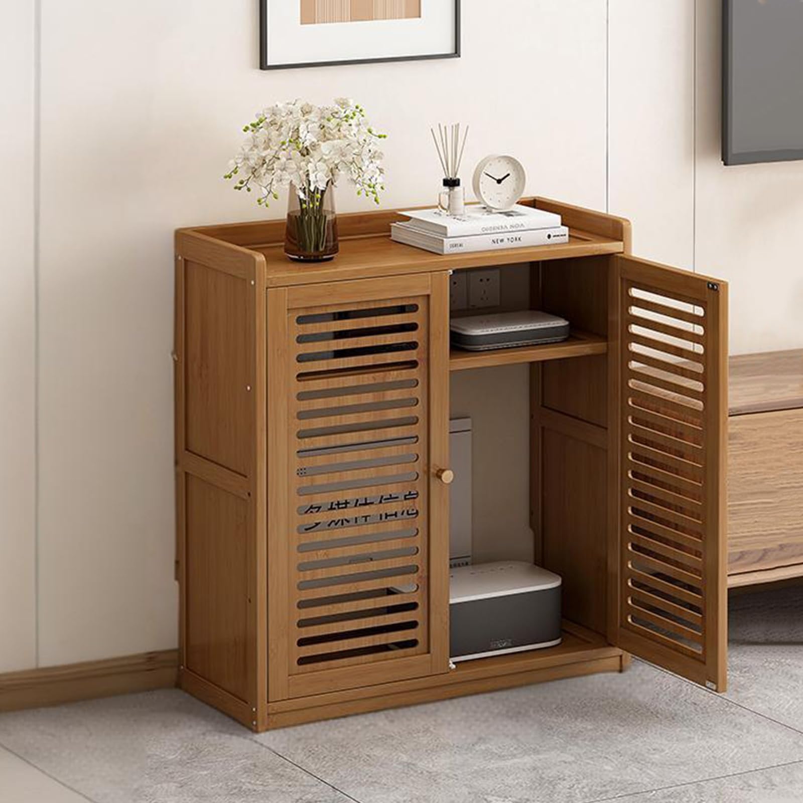 DECAKE Floor Standing Router Storage Cabinet with Multi-Layer Shelves, Invisible WiFi Modem Hider for Home and Office Organization