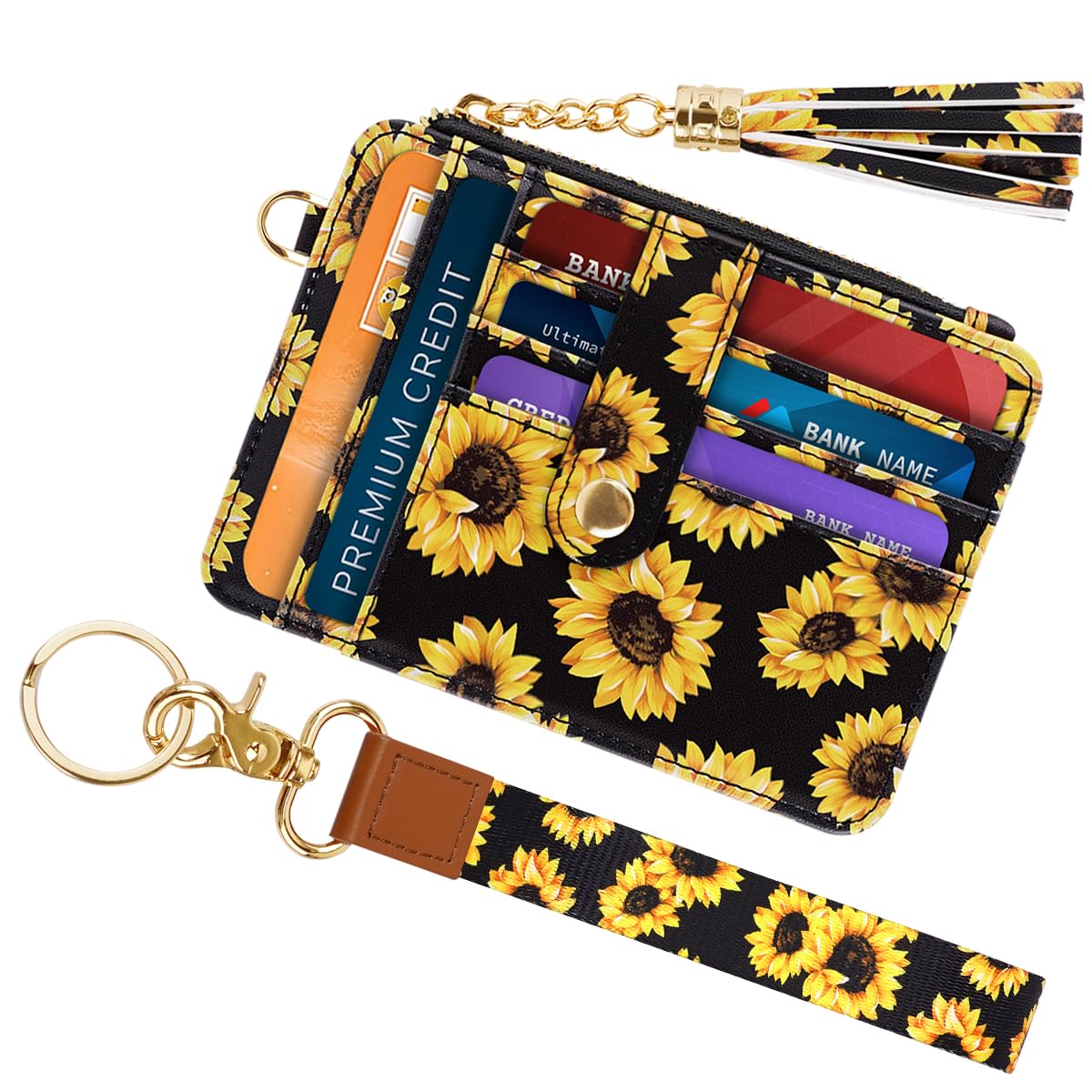 Simikol Slim Zipper Credit Card Holder with Keychain Wristlet Small RFID Leather Wallet with ID Window for Women,Sunflower