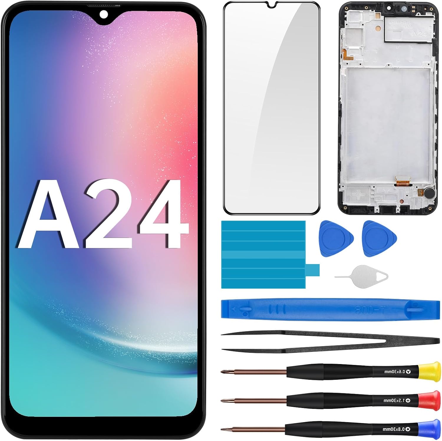 for Samsung Galaxy A24 Screen Replacement with Frame LCD Display Touch Digitizer Full Assembly and Side Button Ear Speaker Vibration Motor Glass Repair Tools Kit SM-A245F
