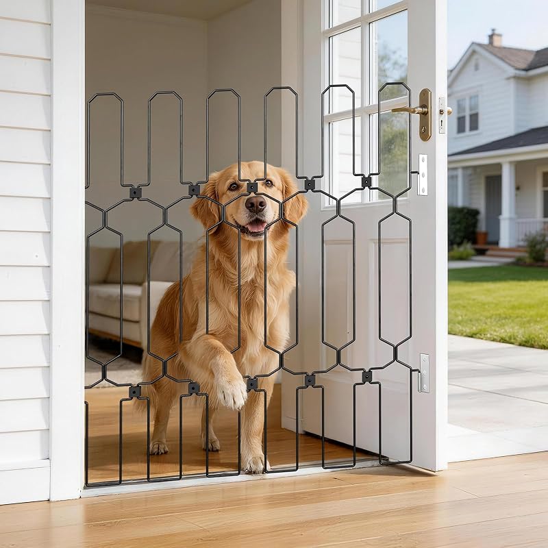 Retractable Dog Gate for Front Door, 30.7" Wide x 30.7" Tall Safety Metal Pet Gate for Dogs When Opening, Easy Install Front Entry Dog Door Barrier