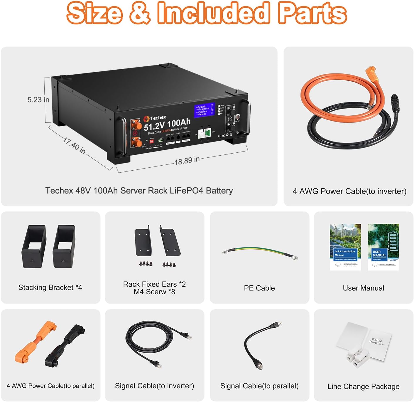 Techex 48V 100Ah LiFePO4 Battery V2, 100A BMS with Inverter Communication, 3U Rack-Mount, WiFi& Bluetooth& Smart Display, Fire Suppression, Max. 5.12kW Power Output for Off-Grid, Solar System, Backup