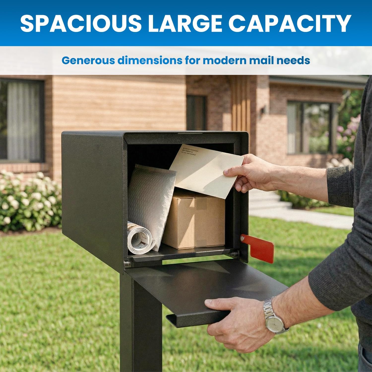 Plexon Modern Post Mount Mailbox, 1603 cu-in Capacity, Flat Top Architectural Design, Galvanized Steel Powder-Coated, 20.5 in. D x 8.5 in. W x 9.2 in. H, Matte Black