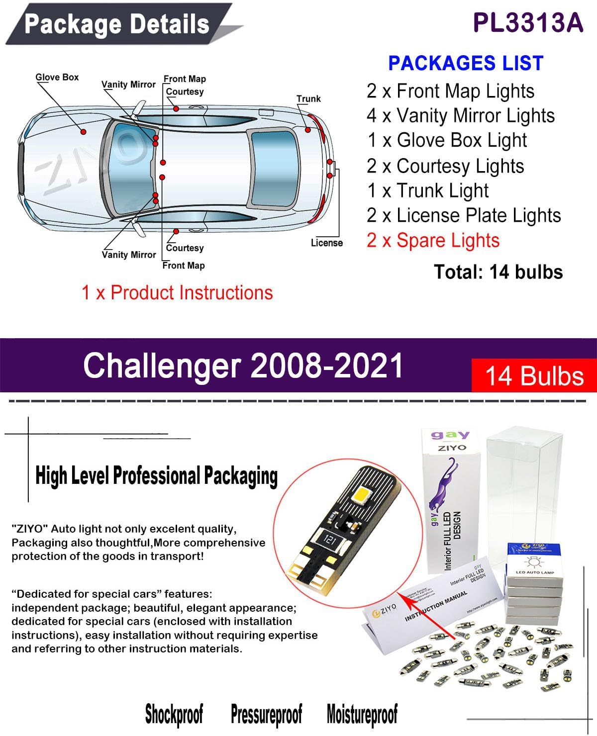 LED Interior Light kit for Dodge Challenger 2008-2021 Dome Light Bulbs Replacement, 6000K White LED Lights Accessories Package + License Plate Light Bulbs Upgrade (14 Bulbs)