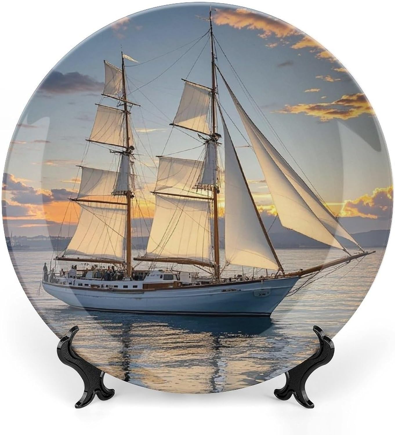 White Sailing Ship at Sunset Decorative Ceramic Plate Round Porcelain Plate Decor Personalized Bone China Decorative Plates Ceramic Ornaments Dessert Plates with Display Stand 10inch