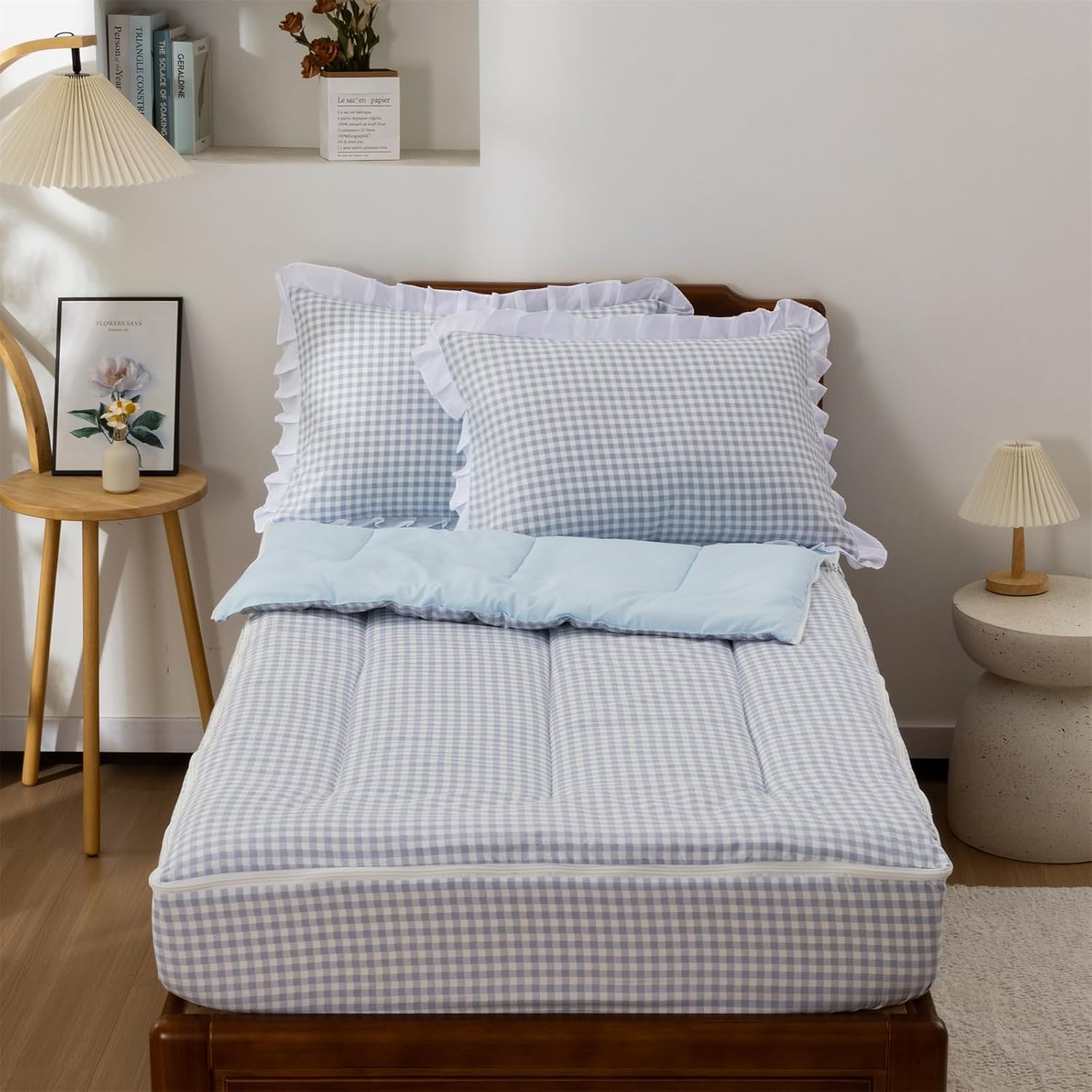 Aimuan Zipper Bedding Twin Zip Up Bedding Set Blue Checked Plaid 3 Pcs Zippered Bedding Twin Comforter Bed in a Bag with Fitted Sheet and 2 Pcs Pillowcases (Blue,Twin)