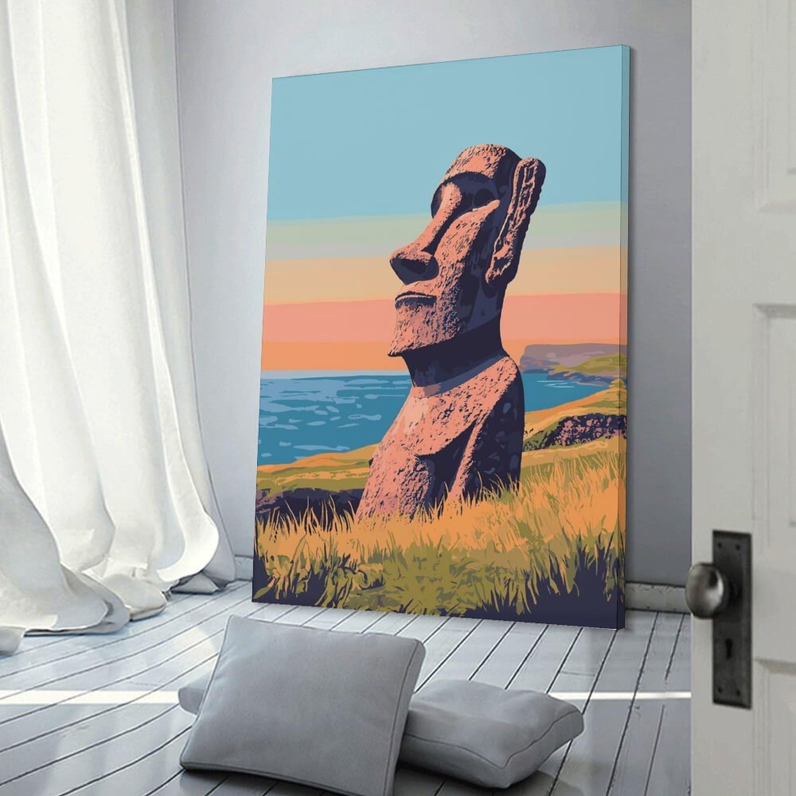 Junmoney Moai Statue at Sunset Room Decor Wall Art, 24x36inch(60x90cm), for Living Spaces, Bedrooms Or Relaxed Rooms, Canvas Styling for A Polished Room Look