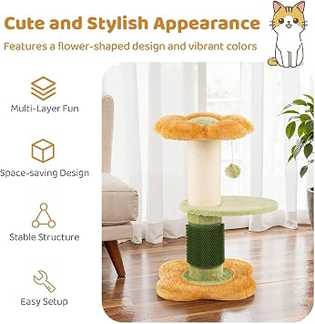 GYMAX Multi-level Cat Tree, Flower Cat Tower with Padded Plush Perch, Sisal Scratching Posts, Self Groomer and Hanging Ball, Modern Cute Pet Furniture for Indoor Cats (Yellow+Green+White)