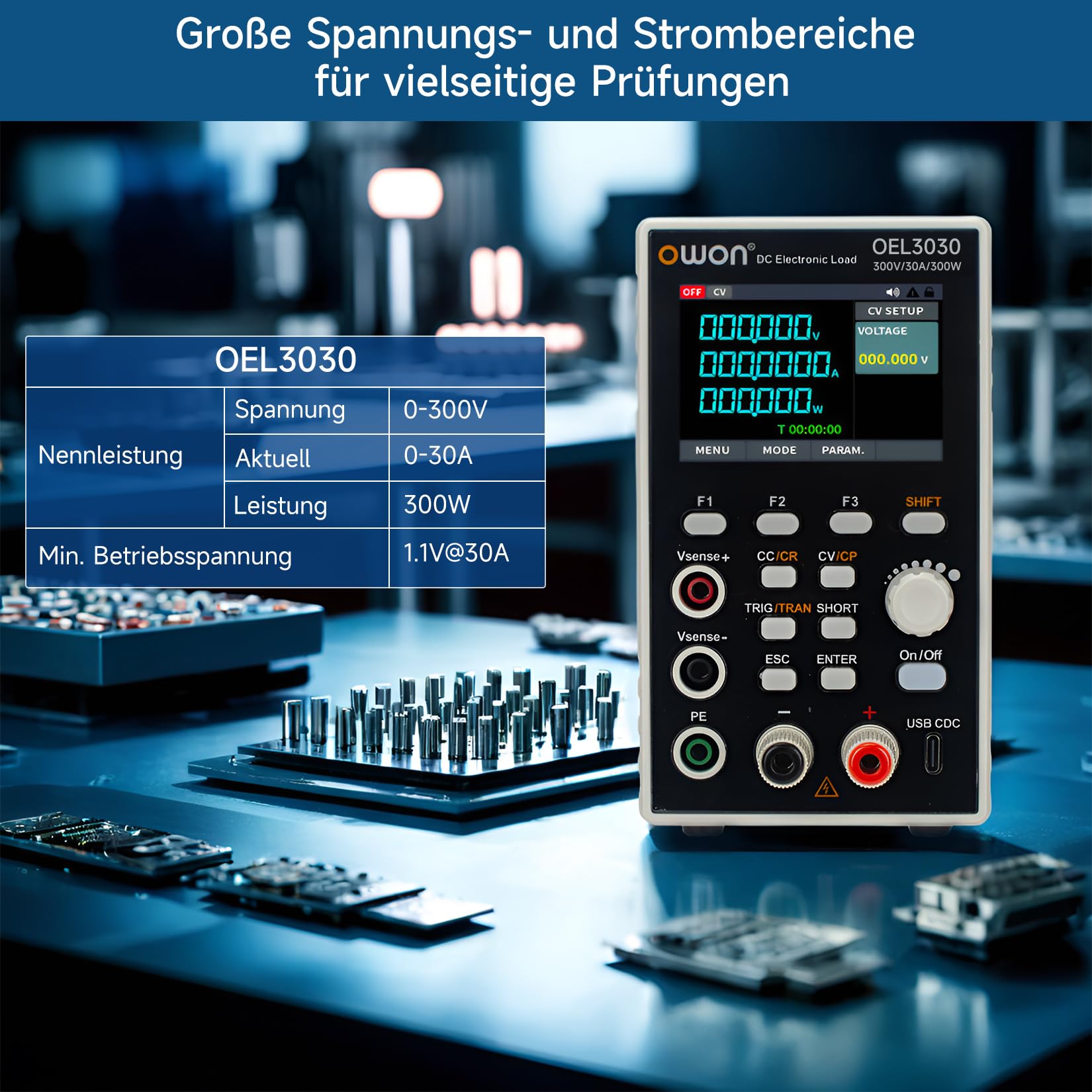 OWON OEL3030 Programmierbare elektronische Last, 0–300 V / 0–30 A, 300 W – Max. Strom+Spannung, 5 kHz Dynamik, RS232/USB