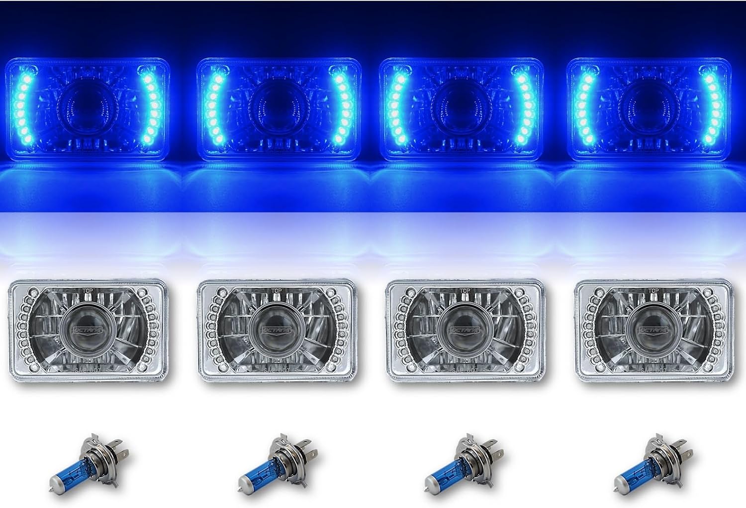 Octane Lighting 4X6 Blue Led Halo Projector Halogen Headlight Headlamp Bulbs Crystal Clear Set