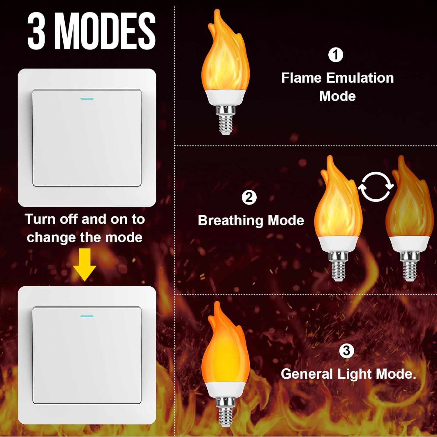 Upgrade E12 Flame Bulbs 12 Pack, 3 Mode LED Candelabra 2.0 Watt Warm White Chandelier 1800k Candle Light Bulbs, Flame Tip for Christmas Party Decorations