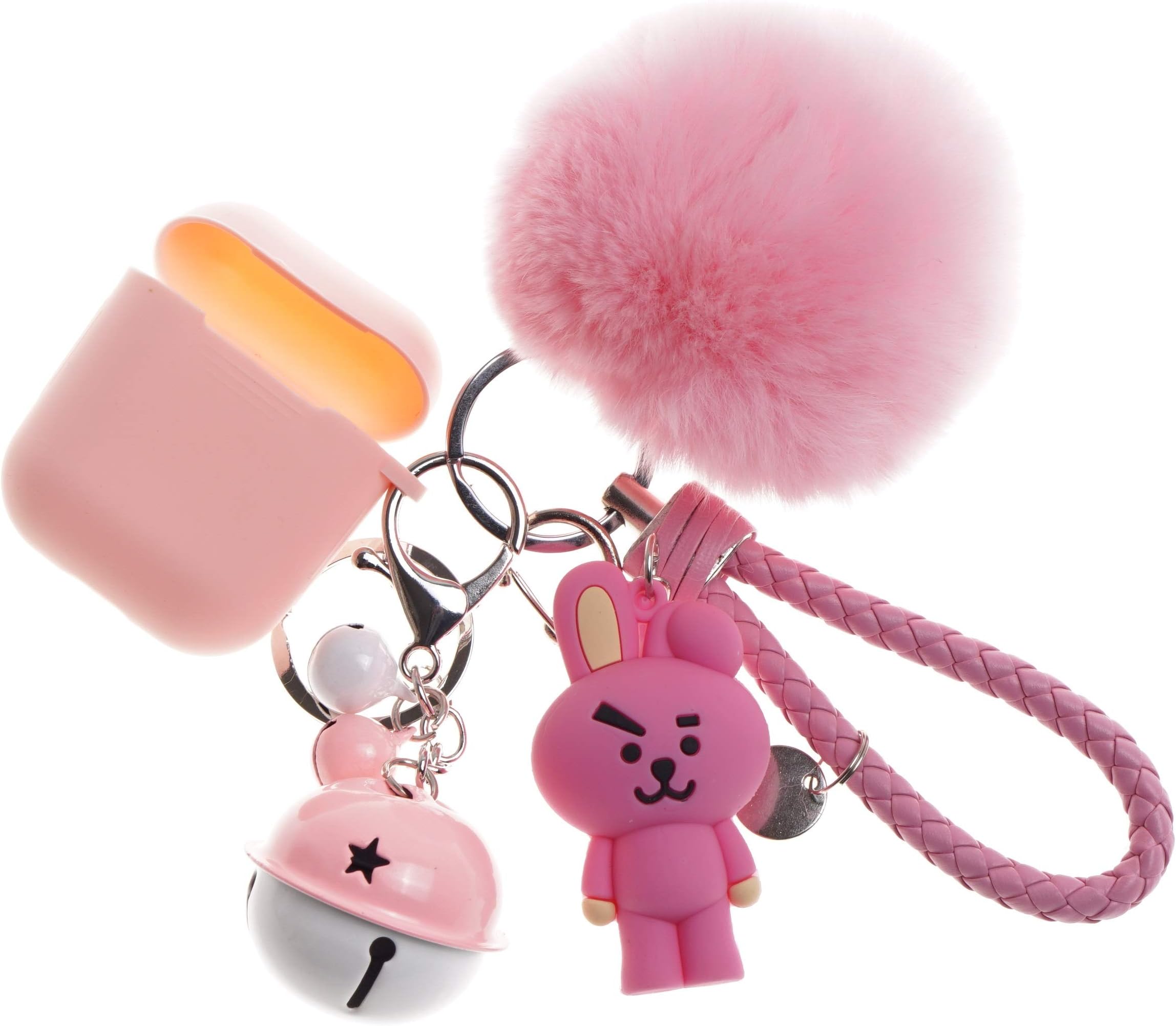 Bangtan Boys Airpod Case with Cute Fur Ball Keychain/Strap (Jungkook Pink)
