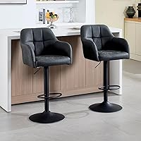 Vista 9 de Moderno juego de 2 taburetes de bar giratorios de piel sintética con apoyabrazos, silla de bar ajustable tapizada con base de metal reposapiés