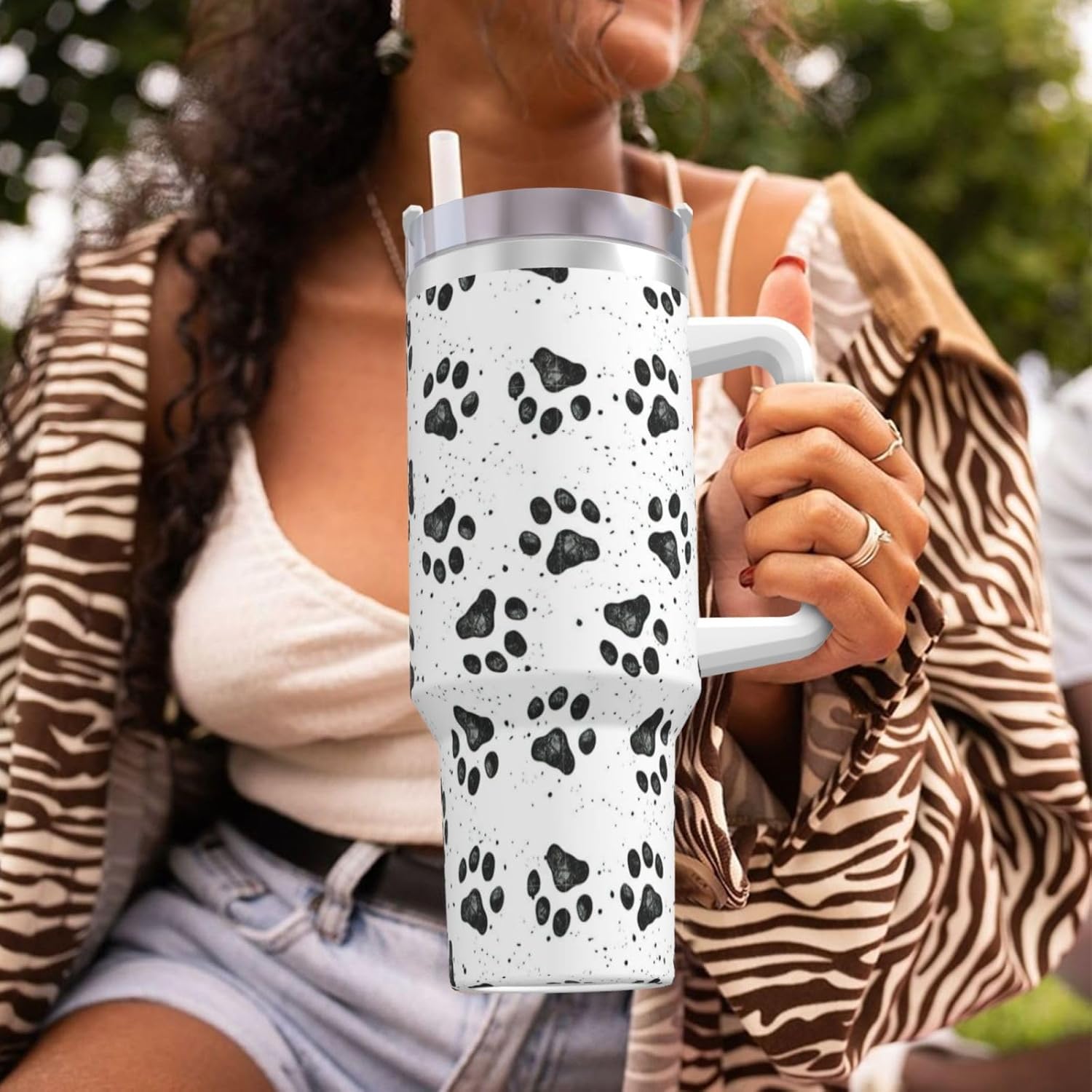 40 OZ Dog Paw Pattern Print Ice Bully Cup with Handle Straw Lid Straw,Stainless Steel Tumbler Coffee Cup