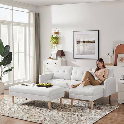 81" Sectional Sleeper Sofa，4 Seat U-Shaped Sofa Couch with Linen Fabric and Double Chaises, Modern Living Room Furniture Sets for Apartment (White)