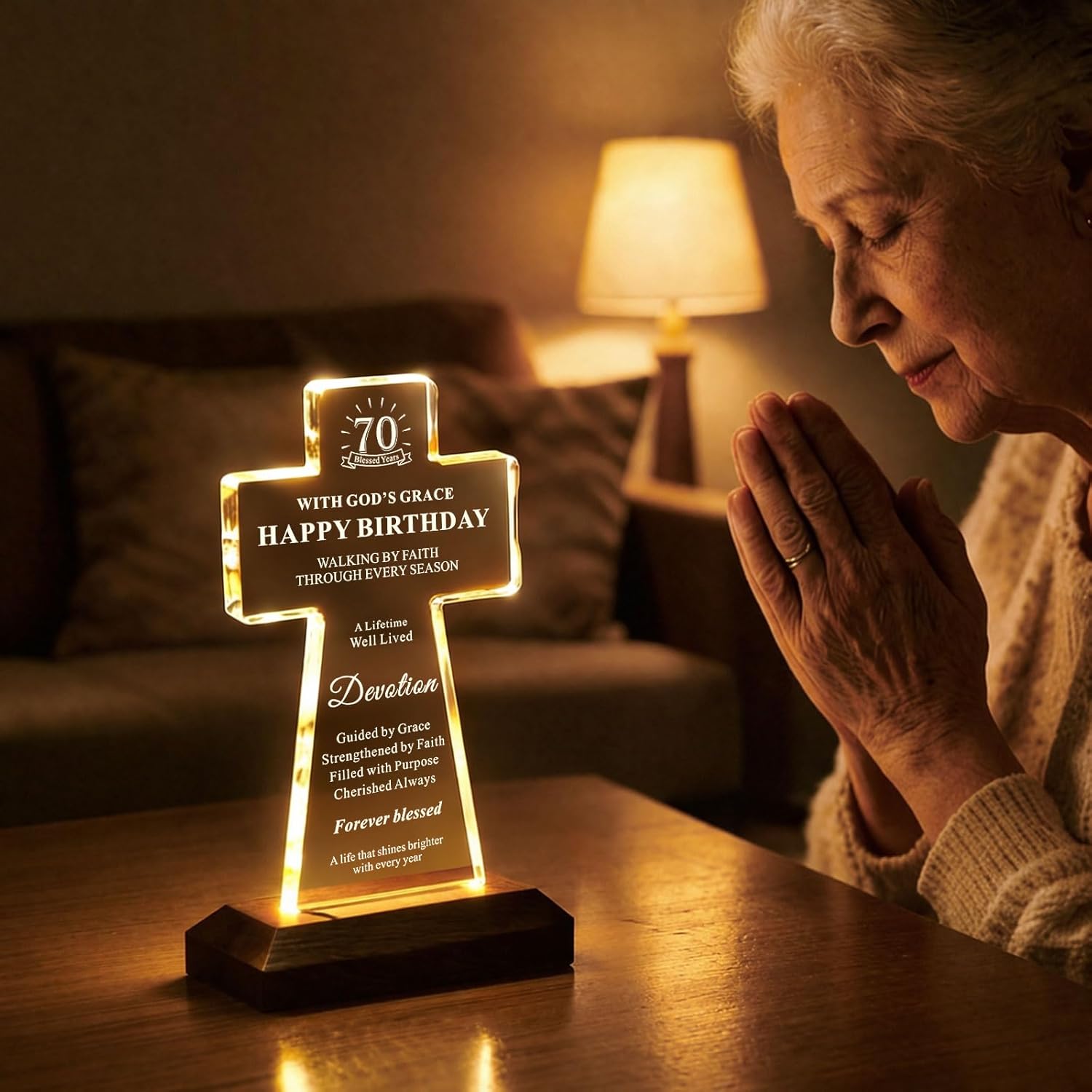 70th Birthday Christian Gifts for Women & Men, Lighted K9 Crystal Cross with Wooden Base, Religious Birthday Gift for Mom Dad Grandma, Faith Keepsake Home Decor, 70 Blessed Years