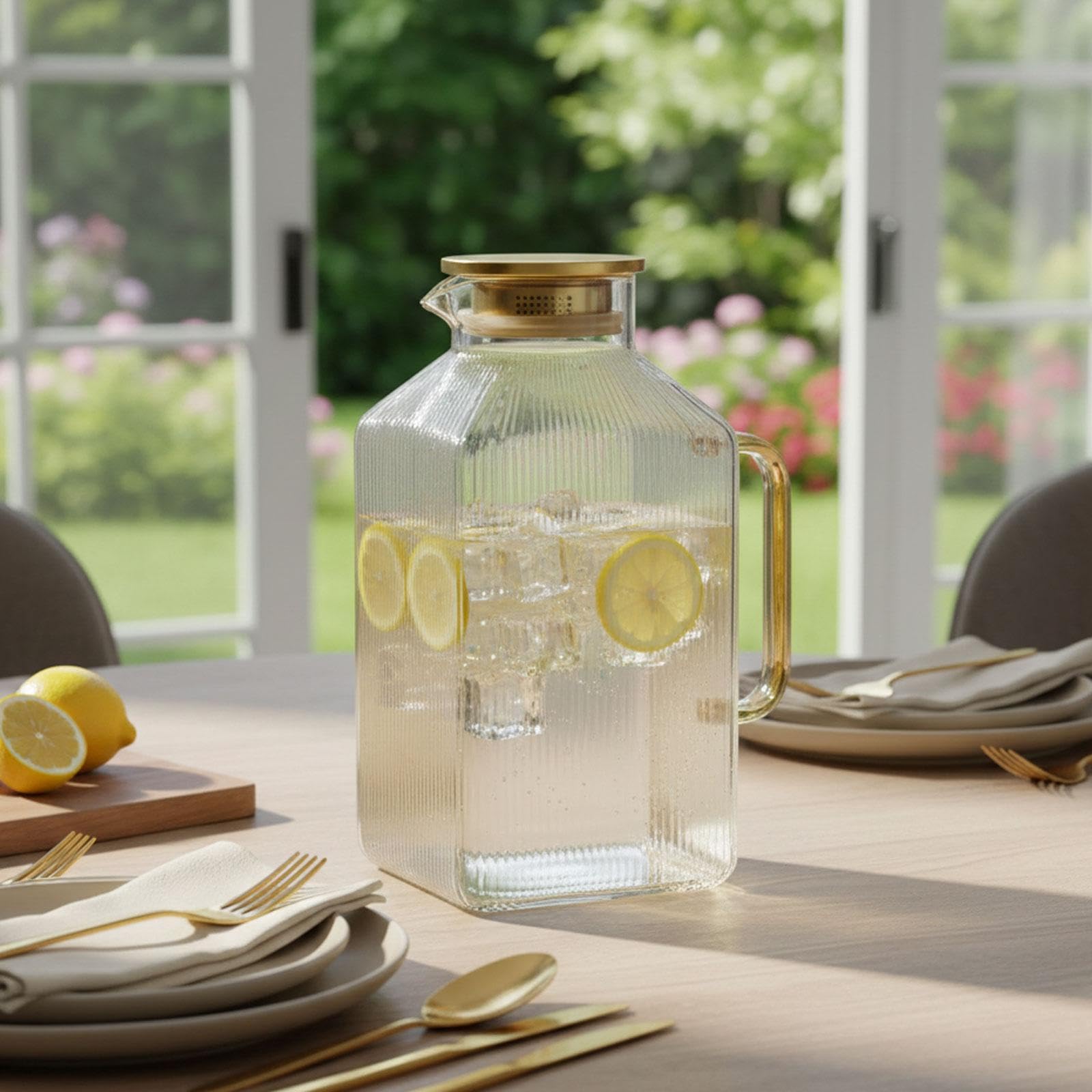 Glaskaraffe mit Wasserspender für Kalte Getränke, Stabiler Griff, Edelstahldeckel, Großes Fassungsvermögen, Geeignet für Den Kühlschrank, Goldgriff