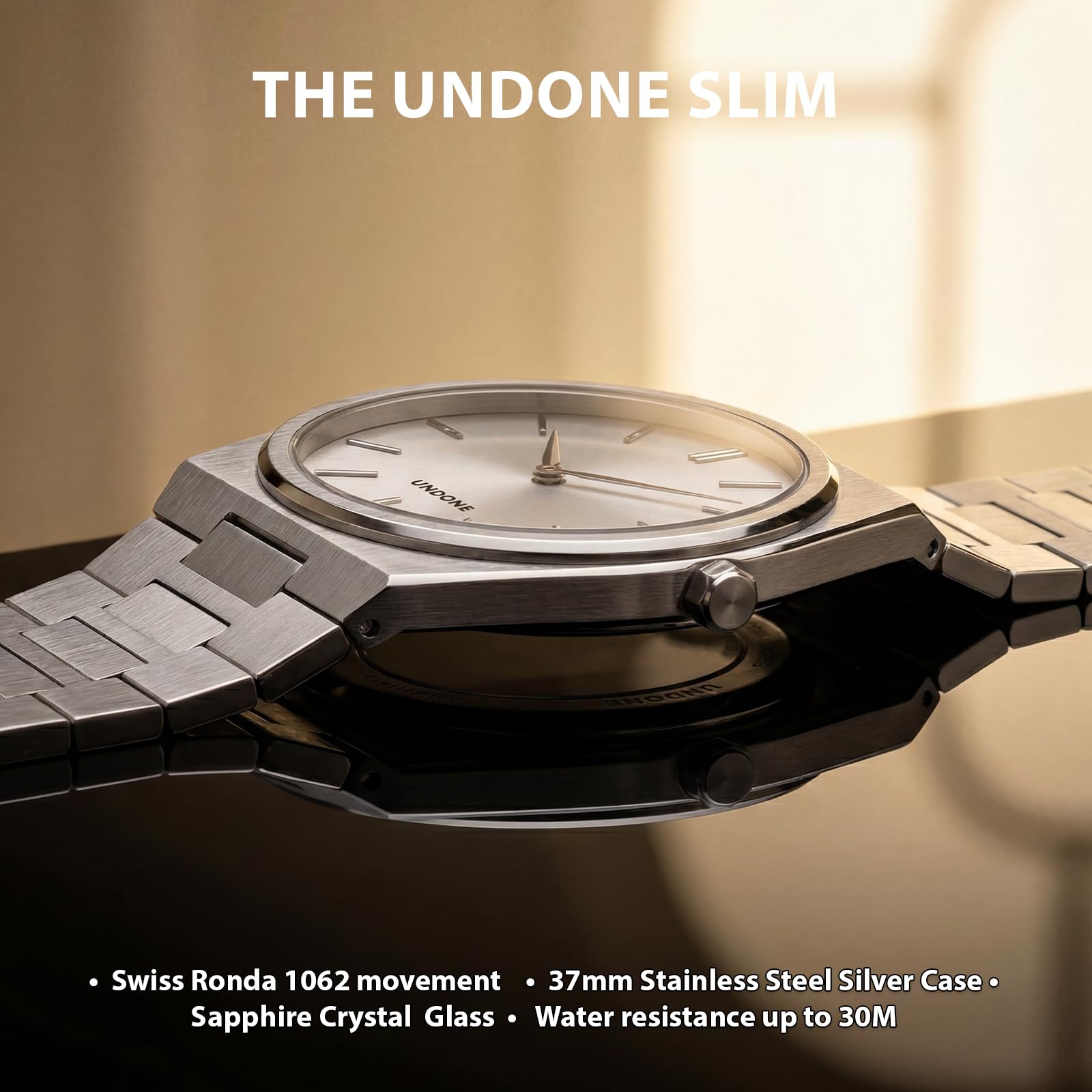 UNDONE Slim – Herrenuhr, Uhren für Herren – 37 mm Edelstahlgehäuse und Armband, Sunray Silver Zifferblatt, Schweizer Ronda 1062 Uhrwerk – Geschenk