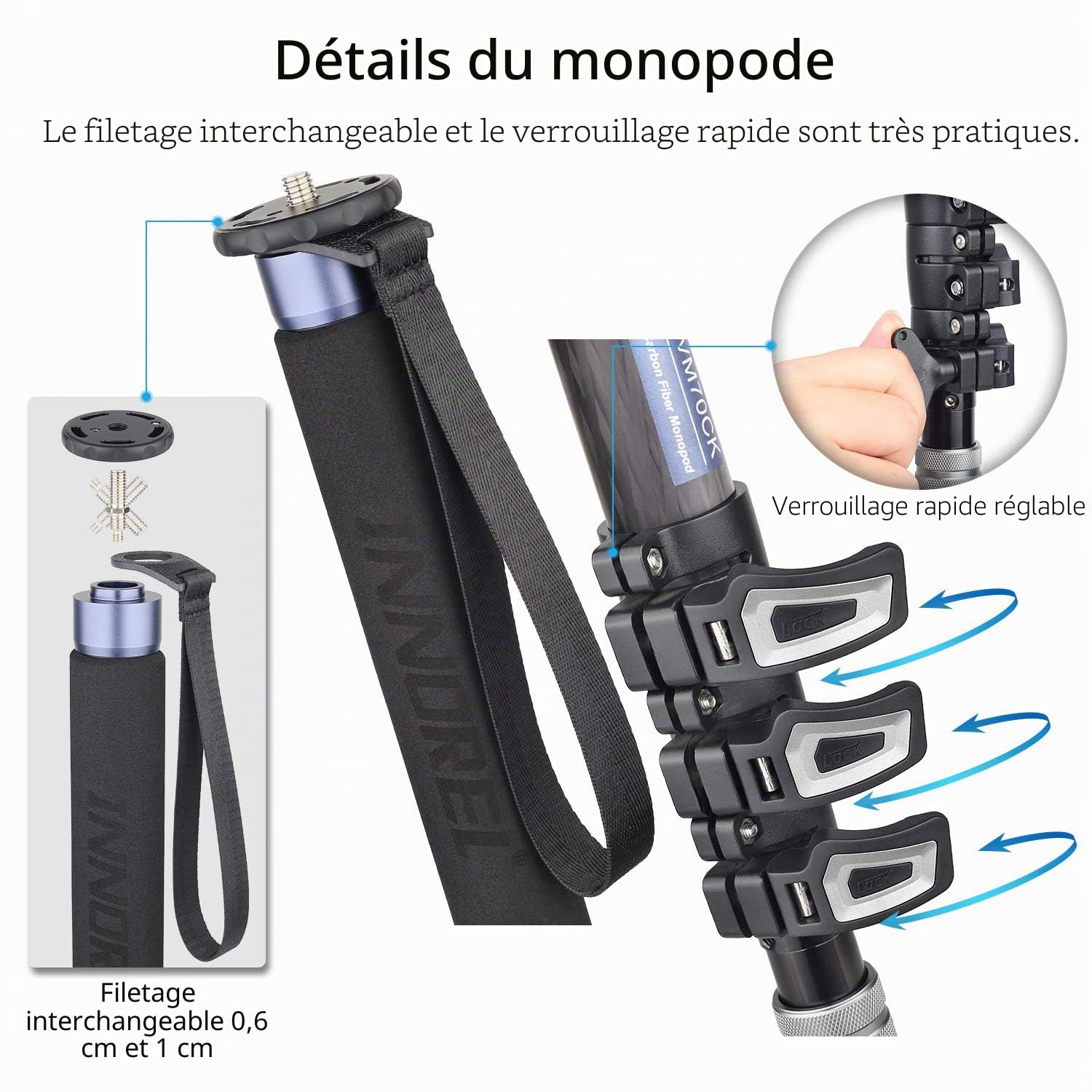 INNOREL VM70CK Monopode en Fibre de Carbone pour Caméra Télescopique avec Tête Fluide et Base Tripode Pliable