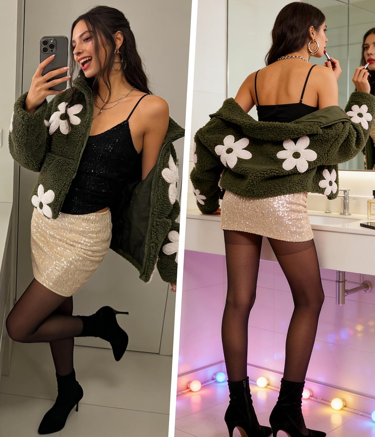 Maixang Womens Floral Print Sherpa Fleece Jackets Winter Zipper Cropped Coat Casual Long Sleeve Outwear with Pockets