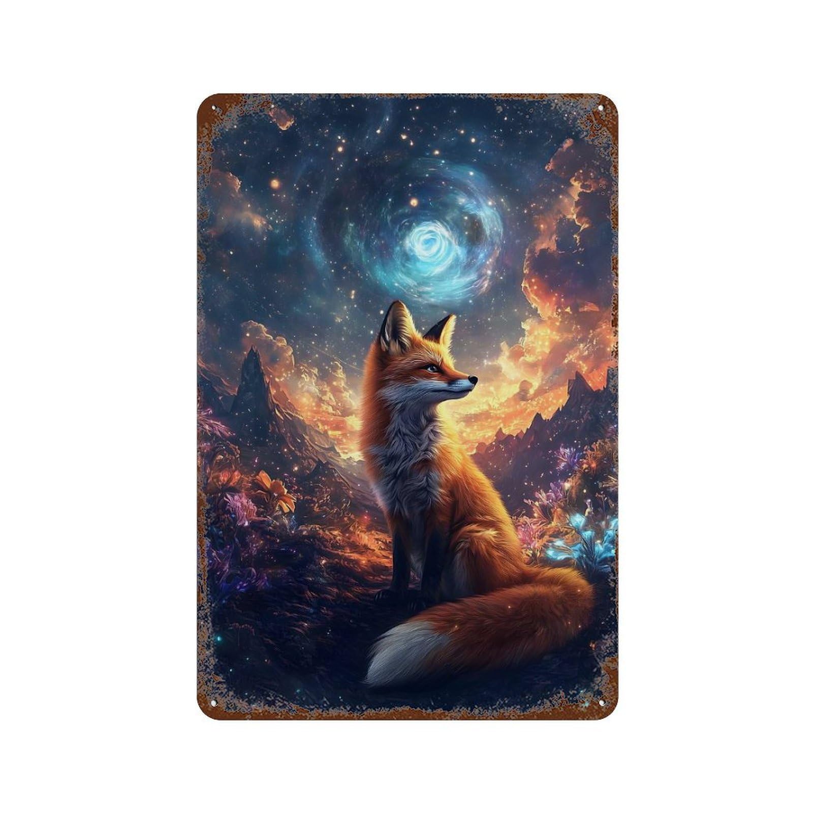 Fox in Cosmic Nature Aged Metal Wall Plaque 11.8"x7.9", Classic Wall Plaque for Garage, Pub Or Kitchen
