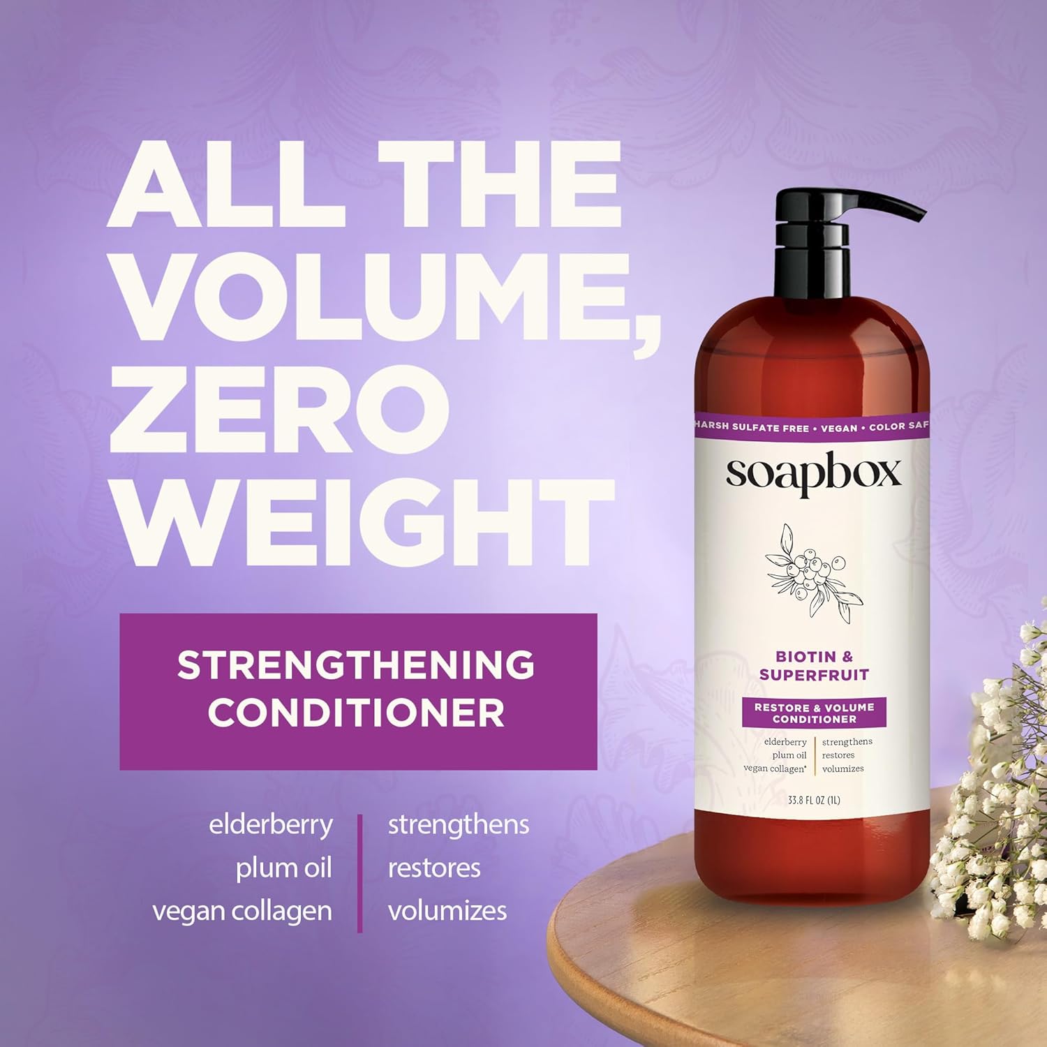 Soapbox Biotin & Collagen Super Fruit Conditioner for Thin, Fine, Thinning Hair | Volumizing & Softening Conditioner to Promote Hair Growth, Strength, Fullness, 1 Liter Pump Bottle - Image 3