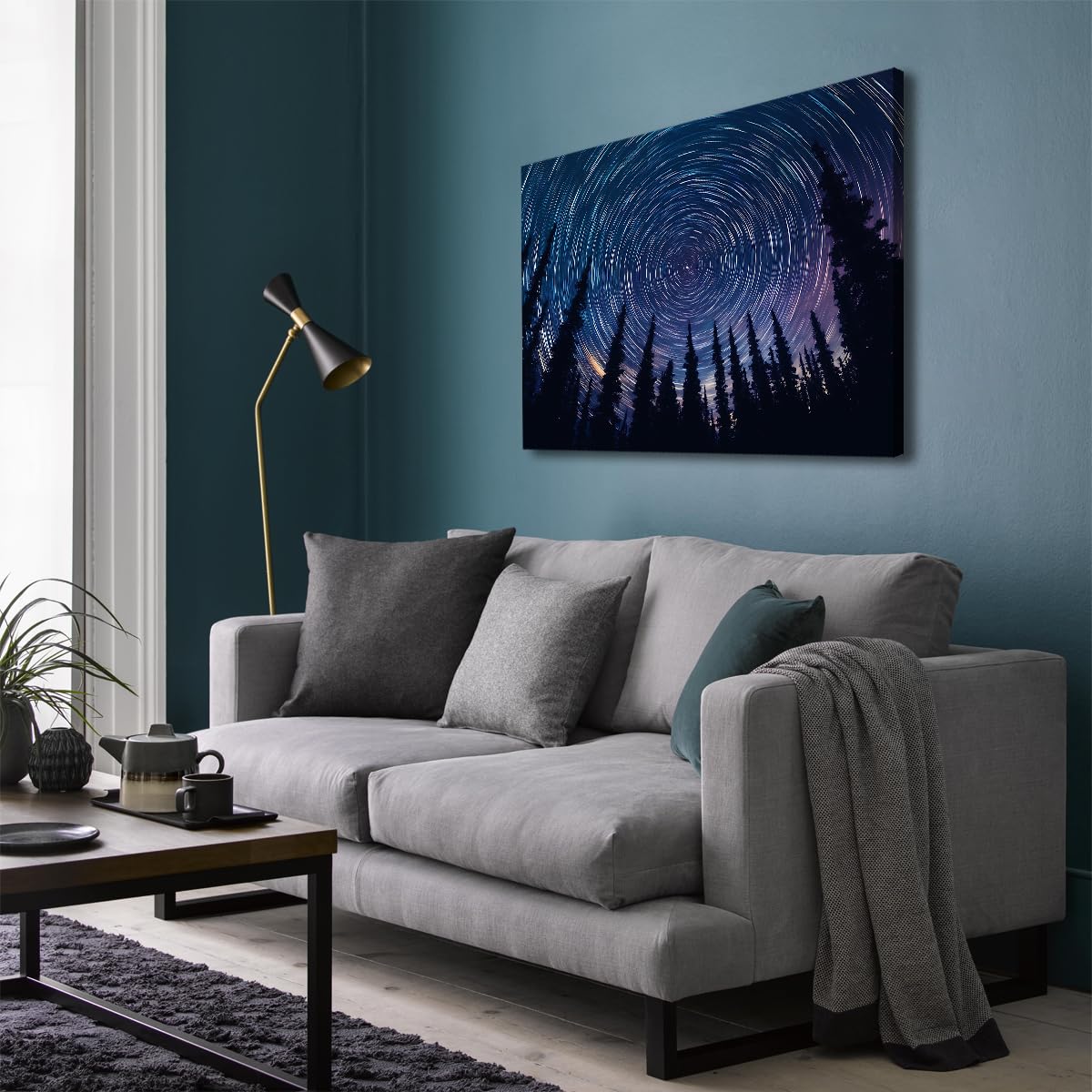 YUNART Star Trails Forest Trees Canvas Wall Art Natural Landscapes Photo Grawerowanie Home Office Mural Modern Modern Art Ready to Hang 55x82cm Inner Frame
