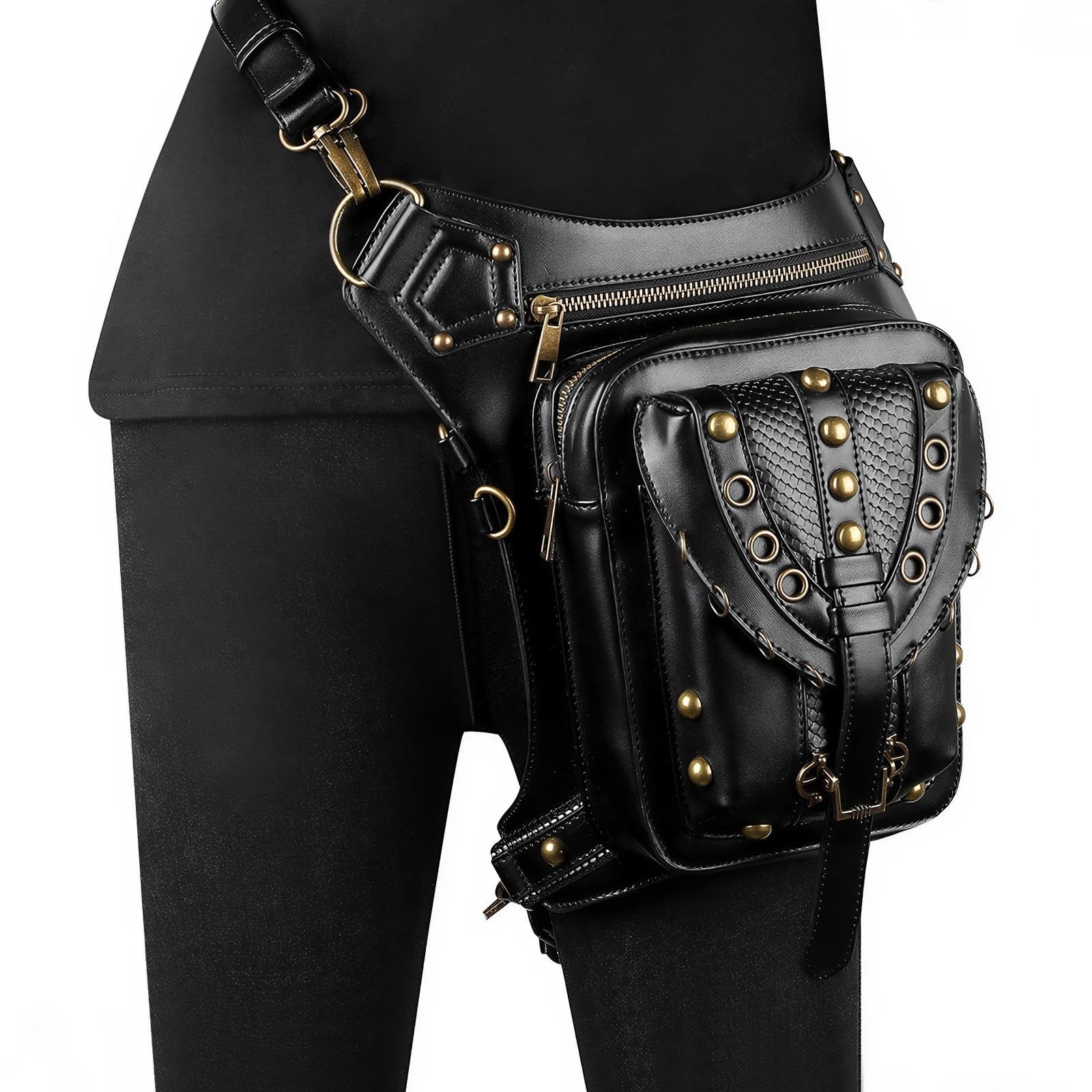 Maizoon Torba biodrowa w stylu retro z nitami pierścień opadająca noga plecak pas biodrowy torba na ramię crossbody dla mężczyzn i kobiet na zewnątrz motocykl, c, Plecak na co dzień