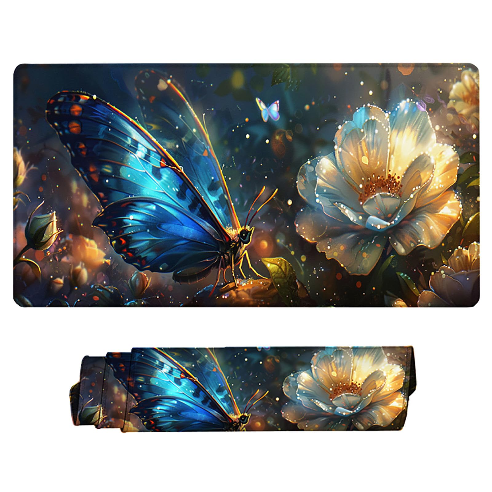 Niebieska podkładka pod mysz XXL, podkładka na biurko, 1200 x 600 cm, szyte krawędzie, podkładka pod mysz, gumowa podstawa, kwiat, podkładka pod mysz, stabilna przyczepność na gładkich