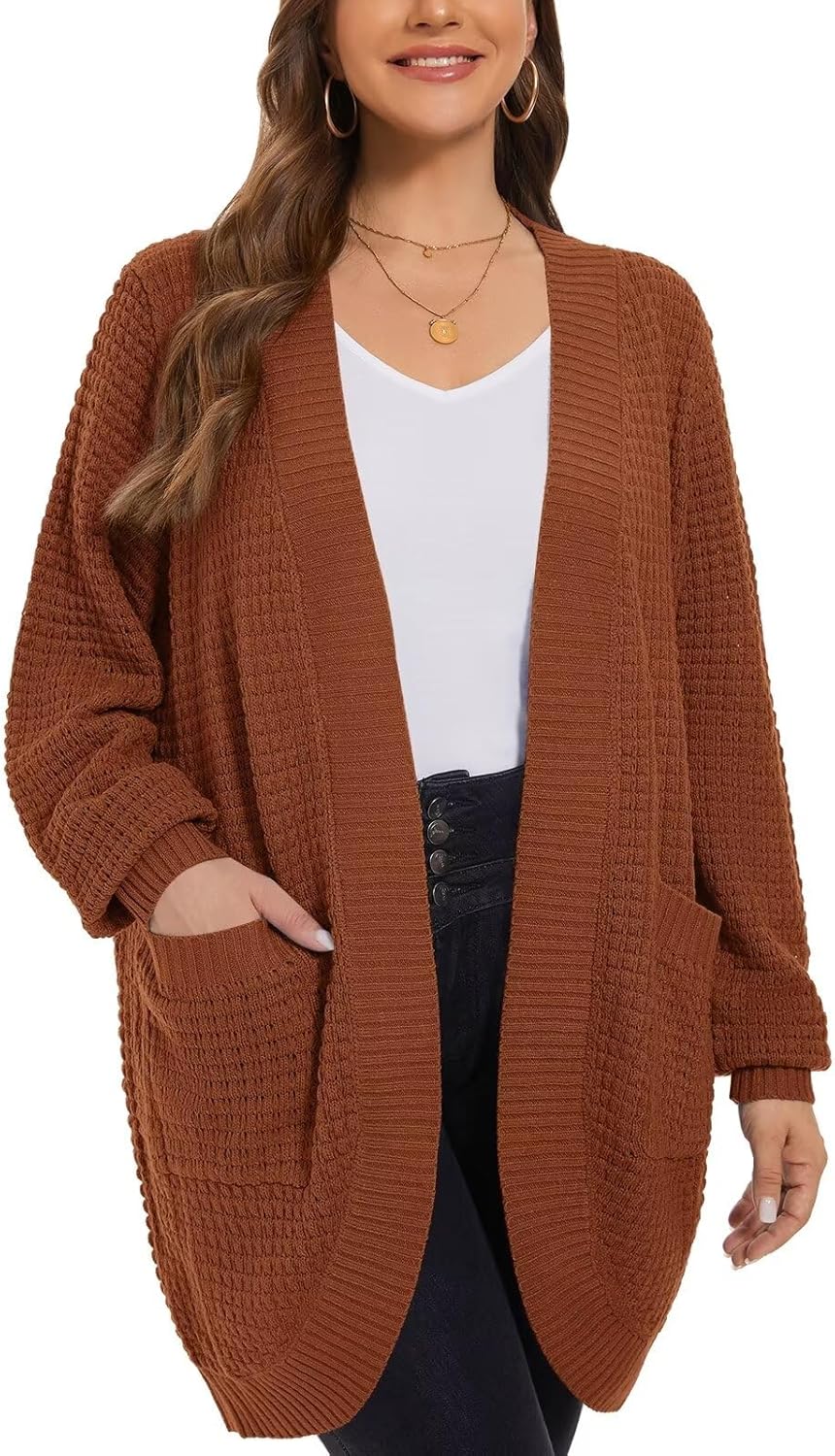 LARACE Long Cardigans for Women Plus Size Tops Open Front Sweaters with Pockets Waffle Ribbed Sleeve Loose Fall Outwear
