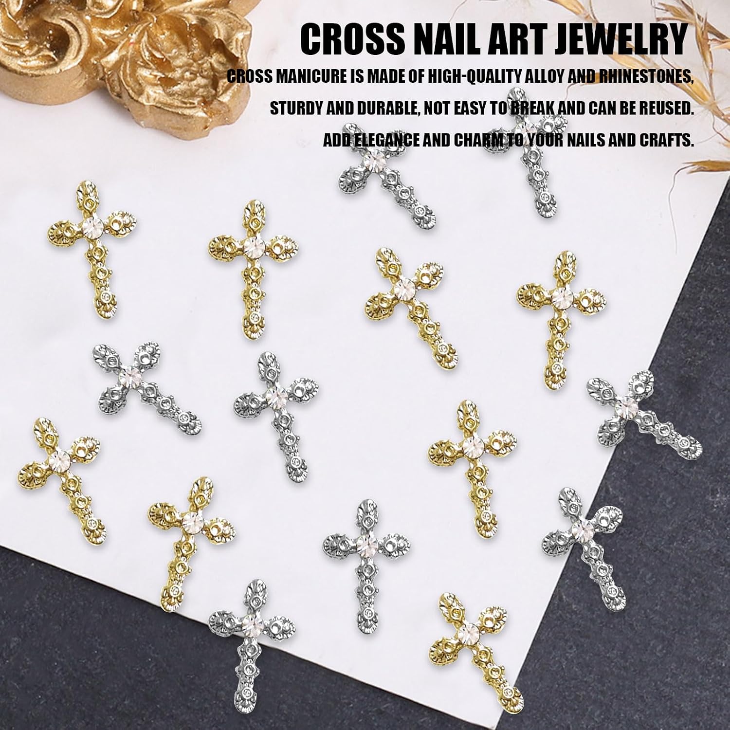 3D Cross Nail Charms, 40 Pcs Gold Silver Crystal Cross Nail Decorations for Nail Art, Metal Nail Rhinestones Cross Charms for DIY Design and Jewelry Making (Gold + Silver)
