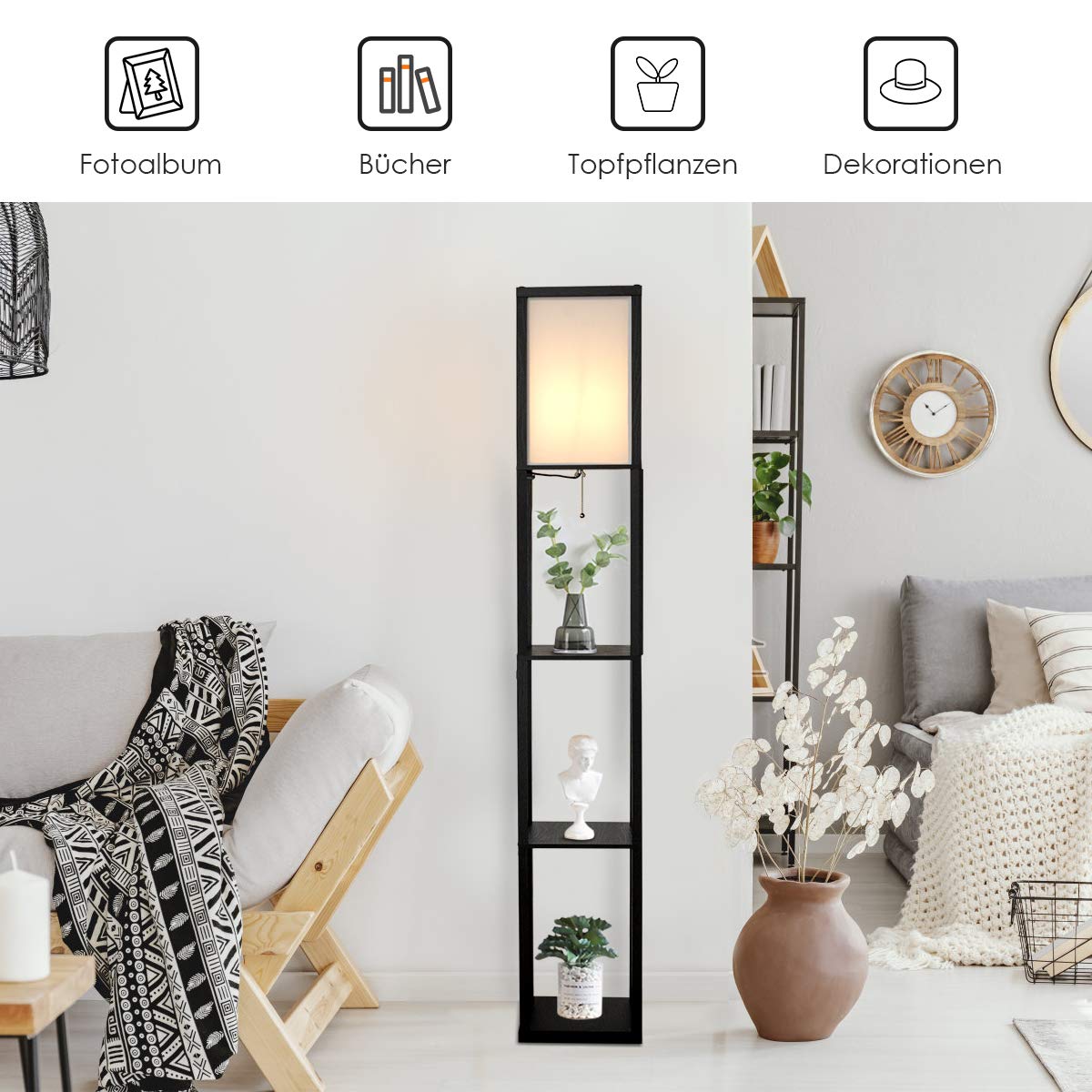 GOPLUS Staande lamp met 3 planken, vloerlamp met 3 planken, staande lamp, modern en elegant met schakelaar, binnenverlichting, opslag, verlichting voor woonkamer, slaapkamer (normaal
