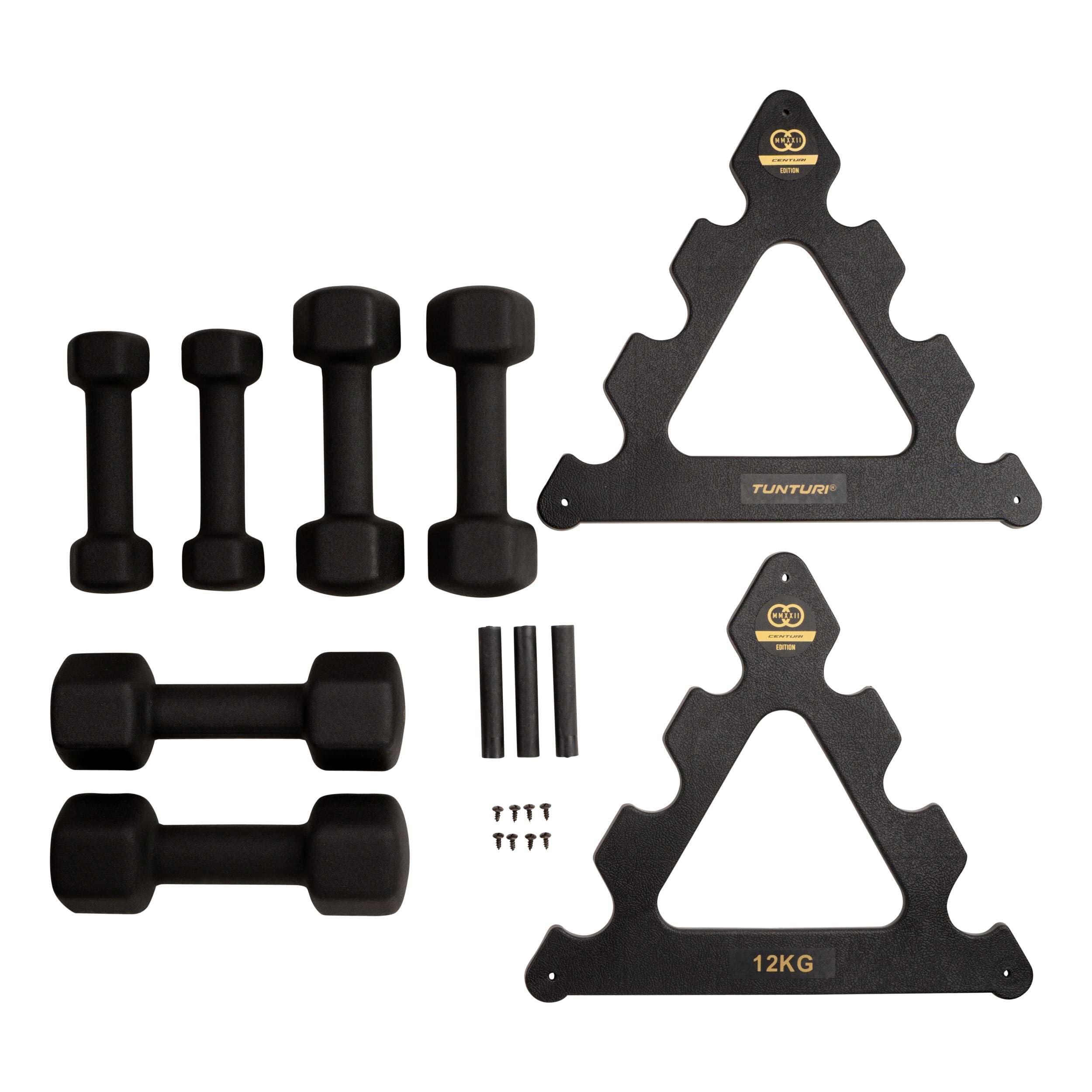 Tunturi Centuri 6er Set Kurzhanteln mit Rack, Hantelset mit je 2 x 1 kg, 2 kg, 3 kg, Kurzhantelset, Hanteln aus Gusseisen