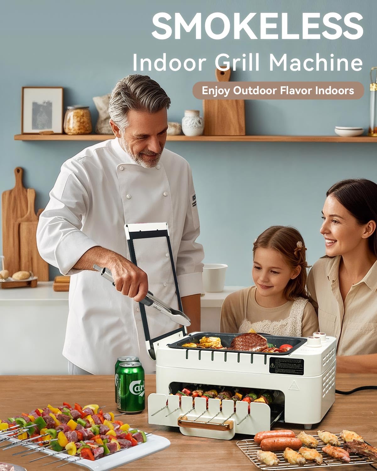 Brochetas de barbacoa para interiores, sin humo, con rotación automática de 360°, brochetas eléctricas, asador, 3 en 1, parrilla de mesa eléctrica para interiores con tapa extraíble, cocina de 4